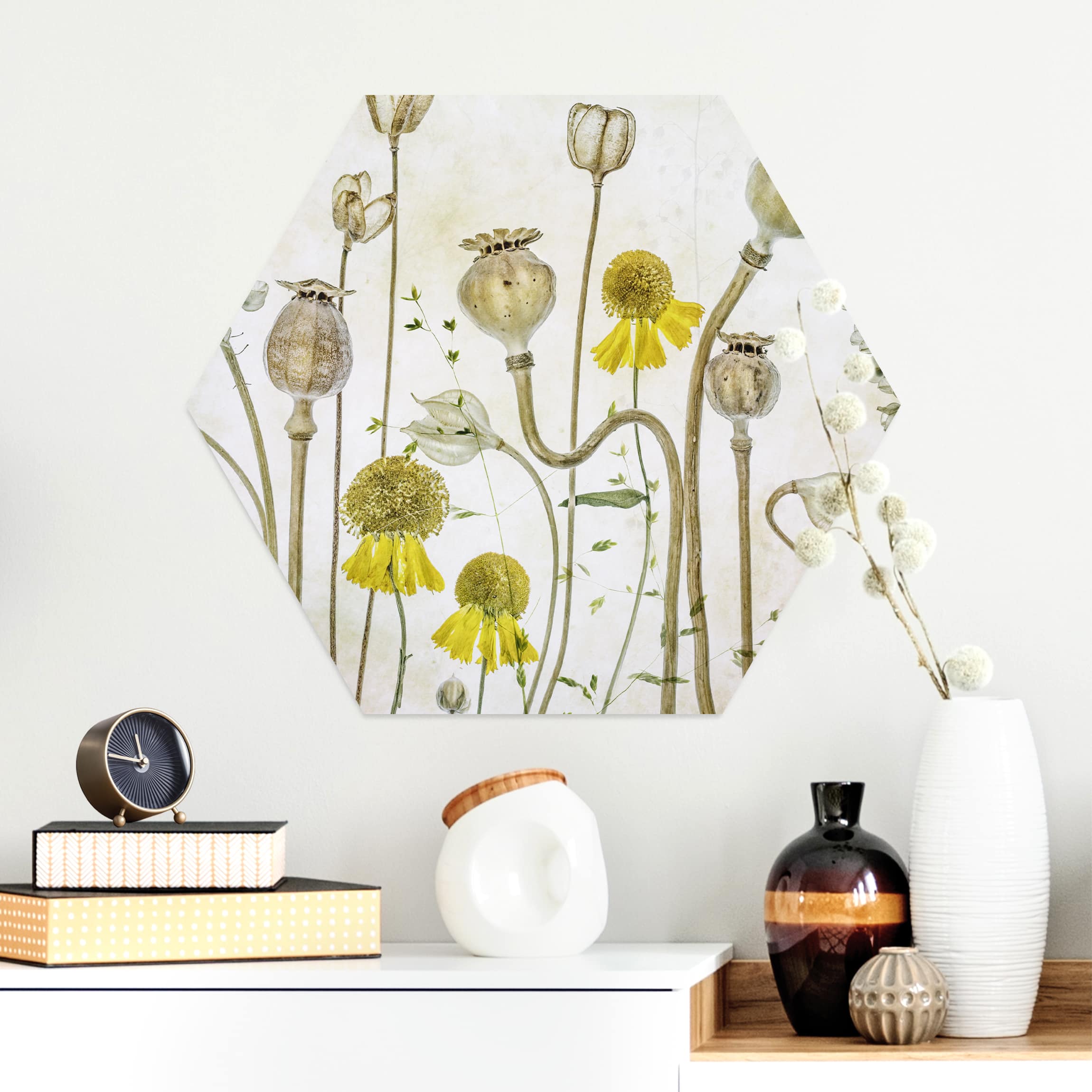 Hexagon-Alu-Dibond Bild Mohn und Helenium