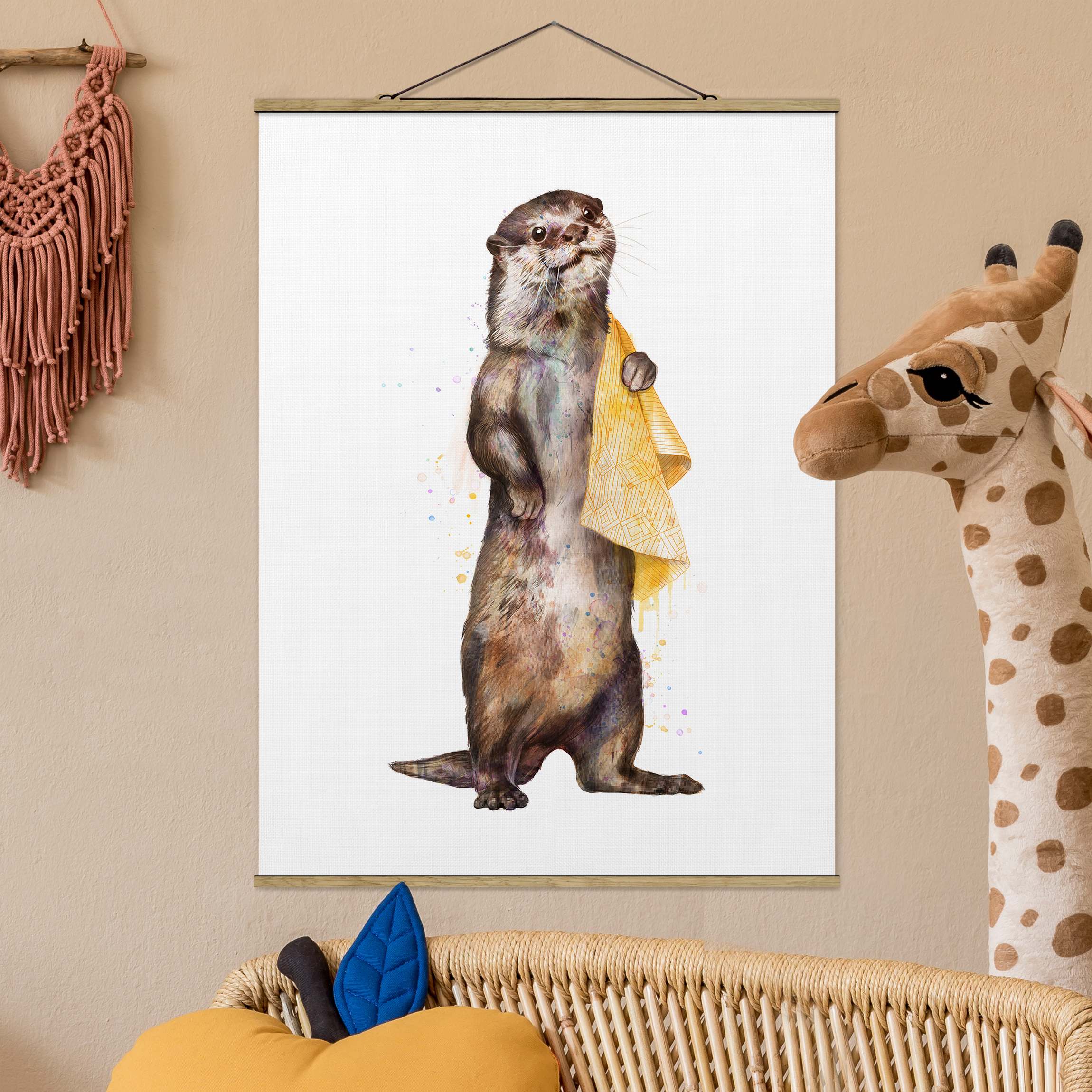 Stoffbild mit Posterleisten Illustration Otter mit Handtuch Malerei Weiß