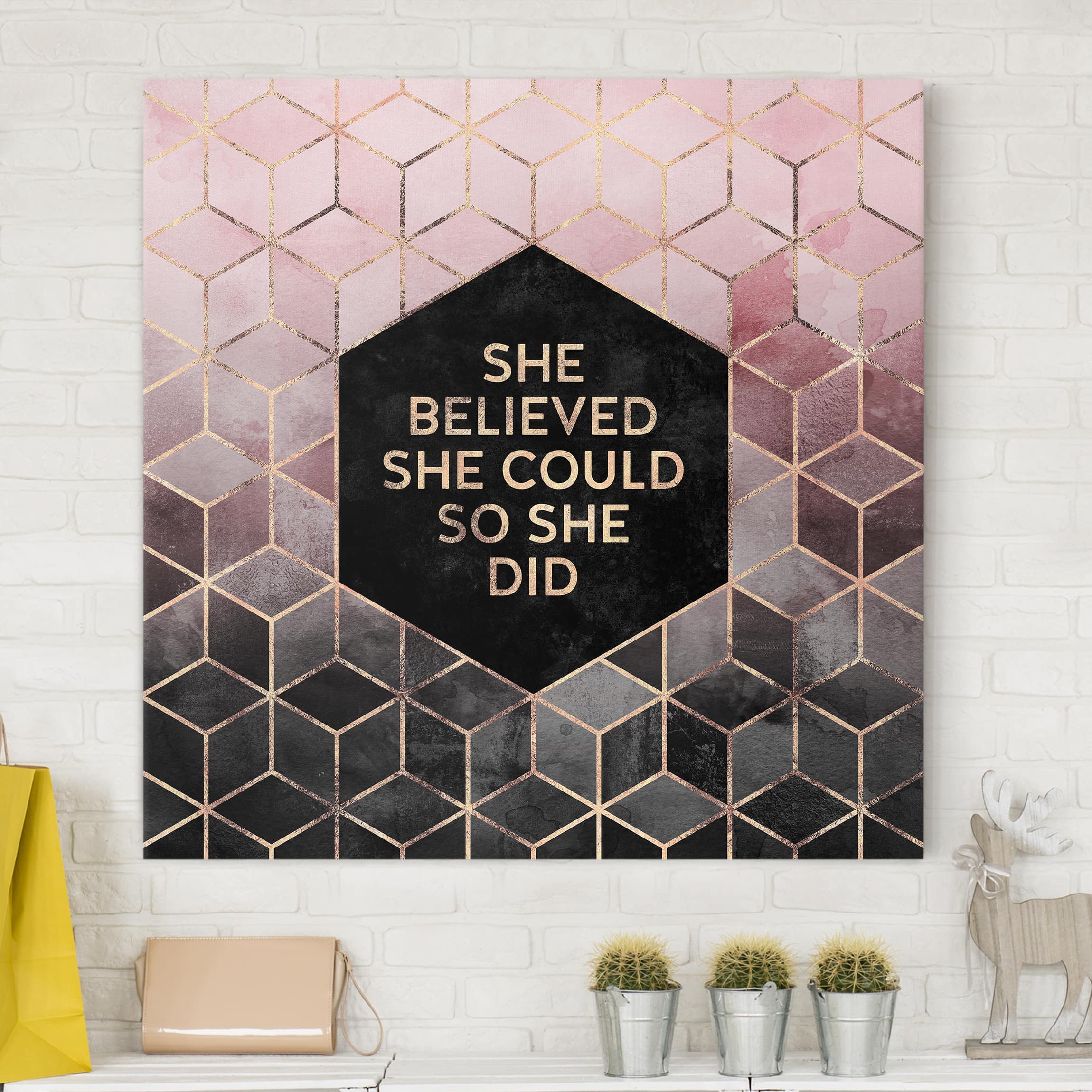 Leinwandbild - Quadrat She Believed She Could Rosé Gold