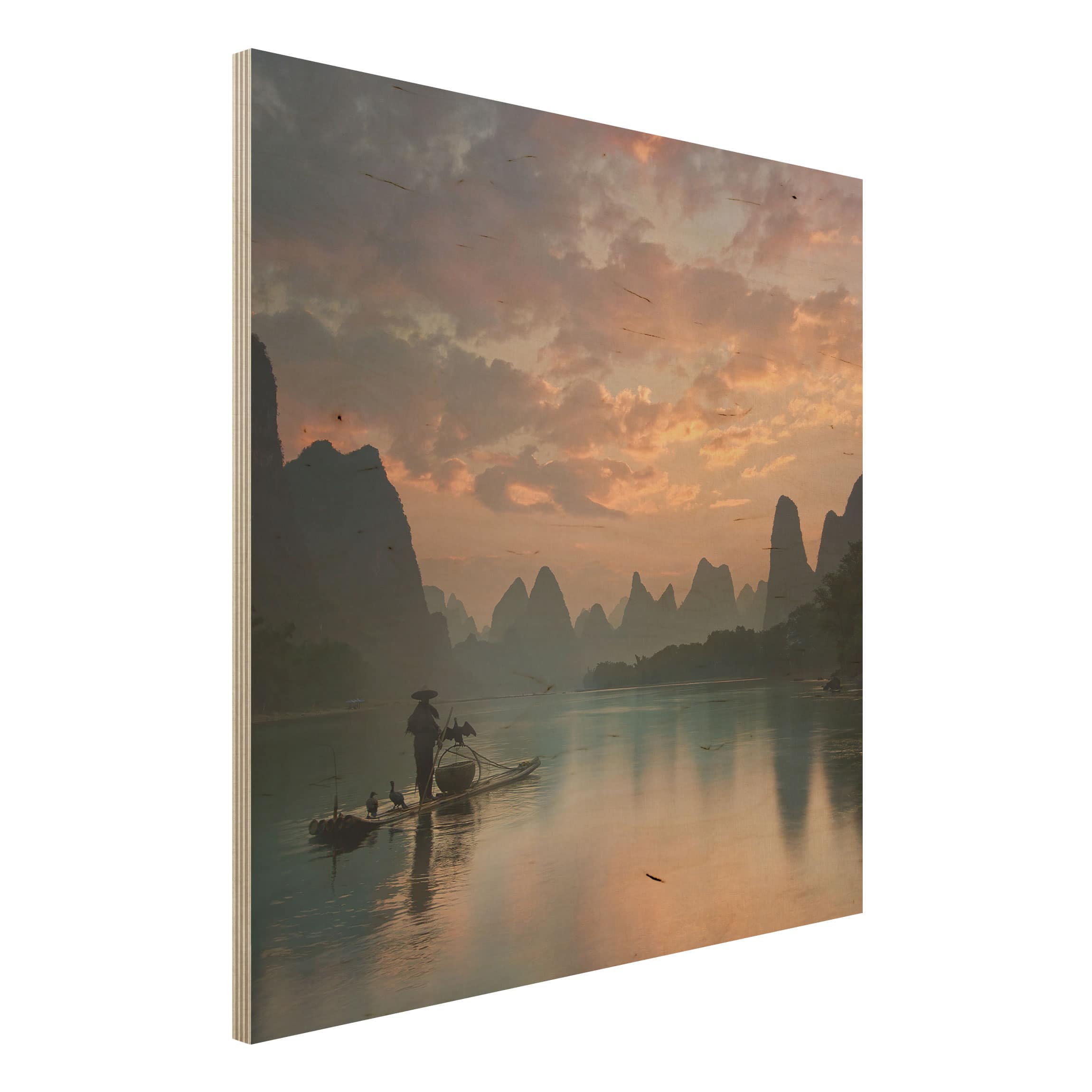 Holzbild - Quadrat Sonnenaufgang über chinesischem Fluss