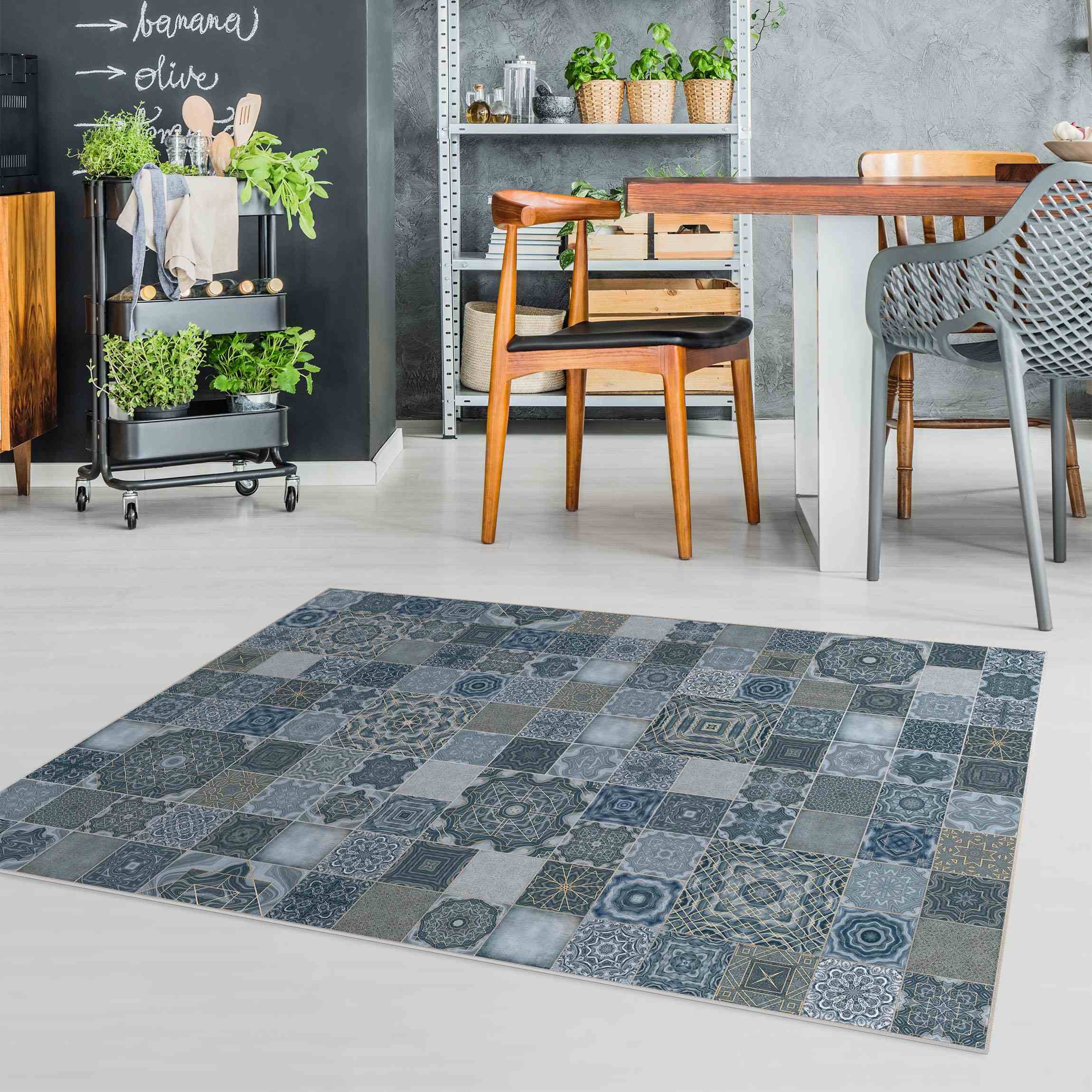 Vinylteppich Art Deco Fliesen Blaugrün Marmor mit Goldschimmer