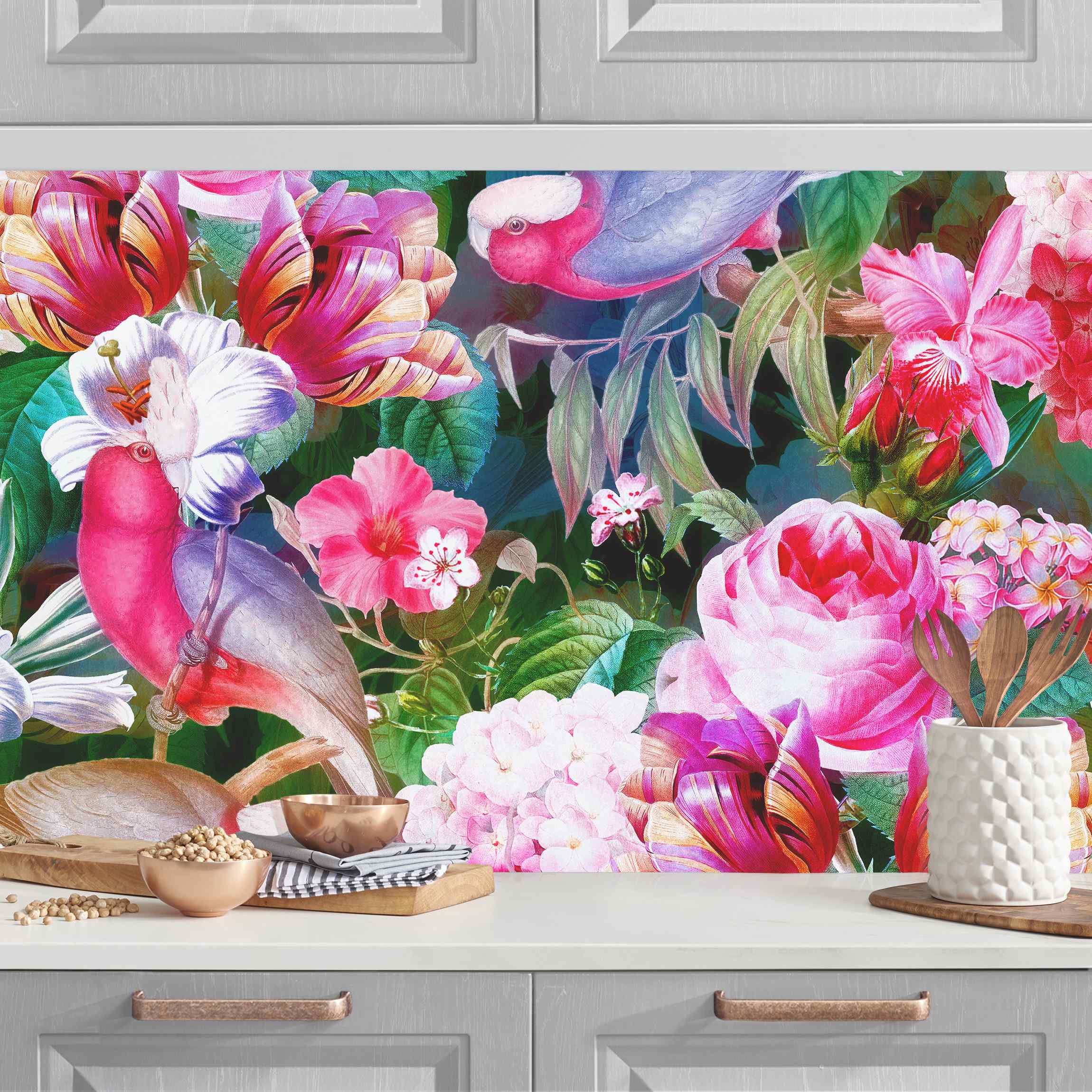Küchenrückwand Bunte Tropische Blumen mit Vögeln Pink II