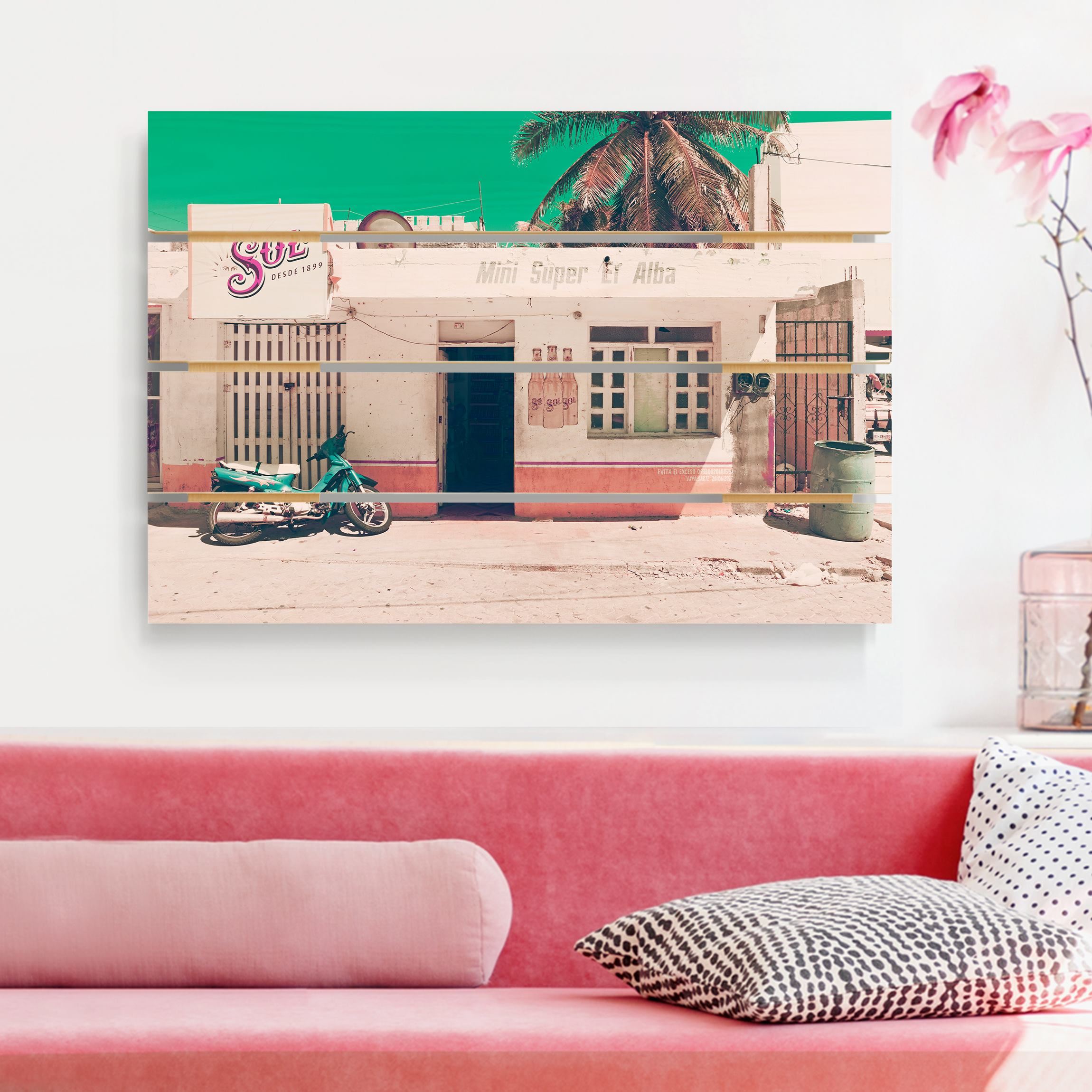 Holzbild Plankenoptik - Querformat Mini Supermarkt Vintage