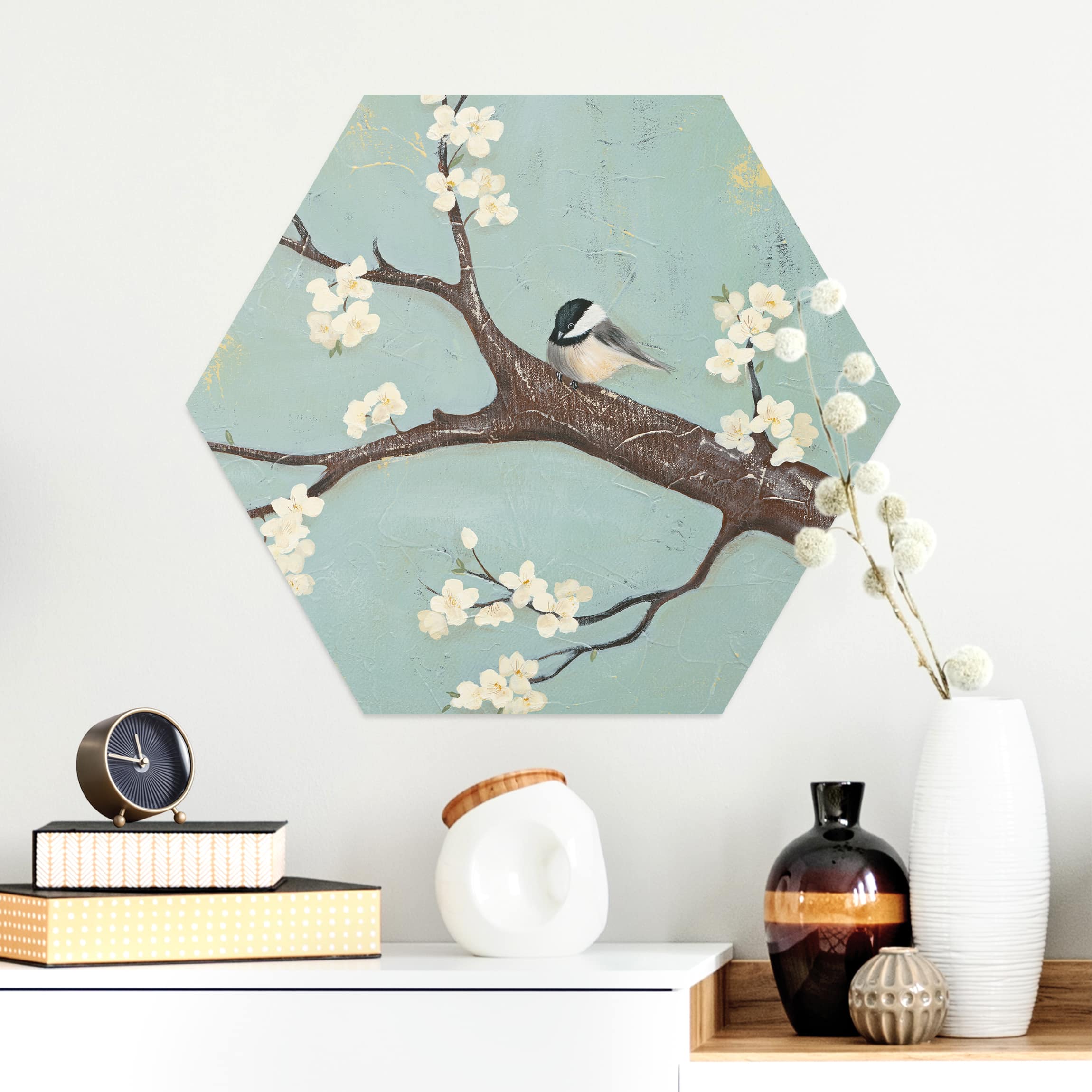 Hexagon-Alu-Dibond Bild Meise auf Kirschbaum