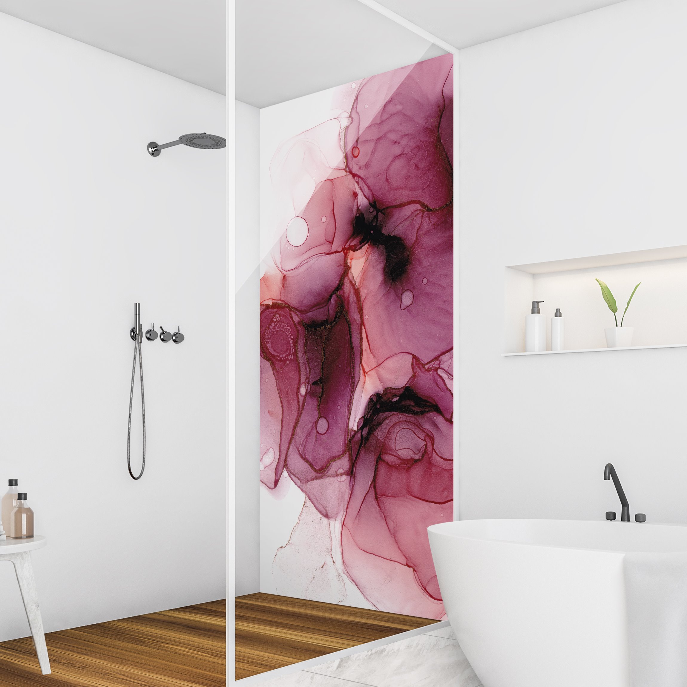 Duschrückwand Wilde Blüten in Violett und Gold