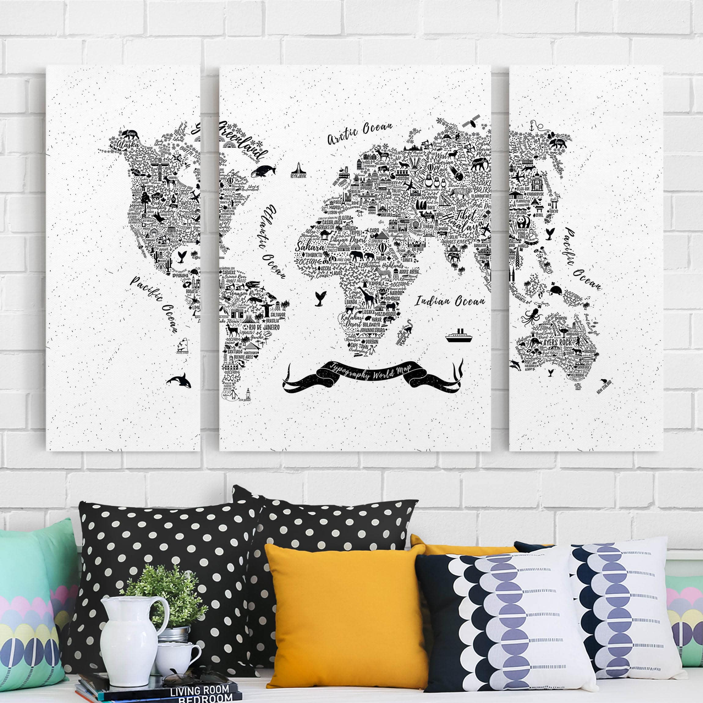 3-teiliges Leinwandbild - Querformat Typografie Weltkarte weiß