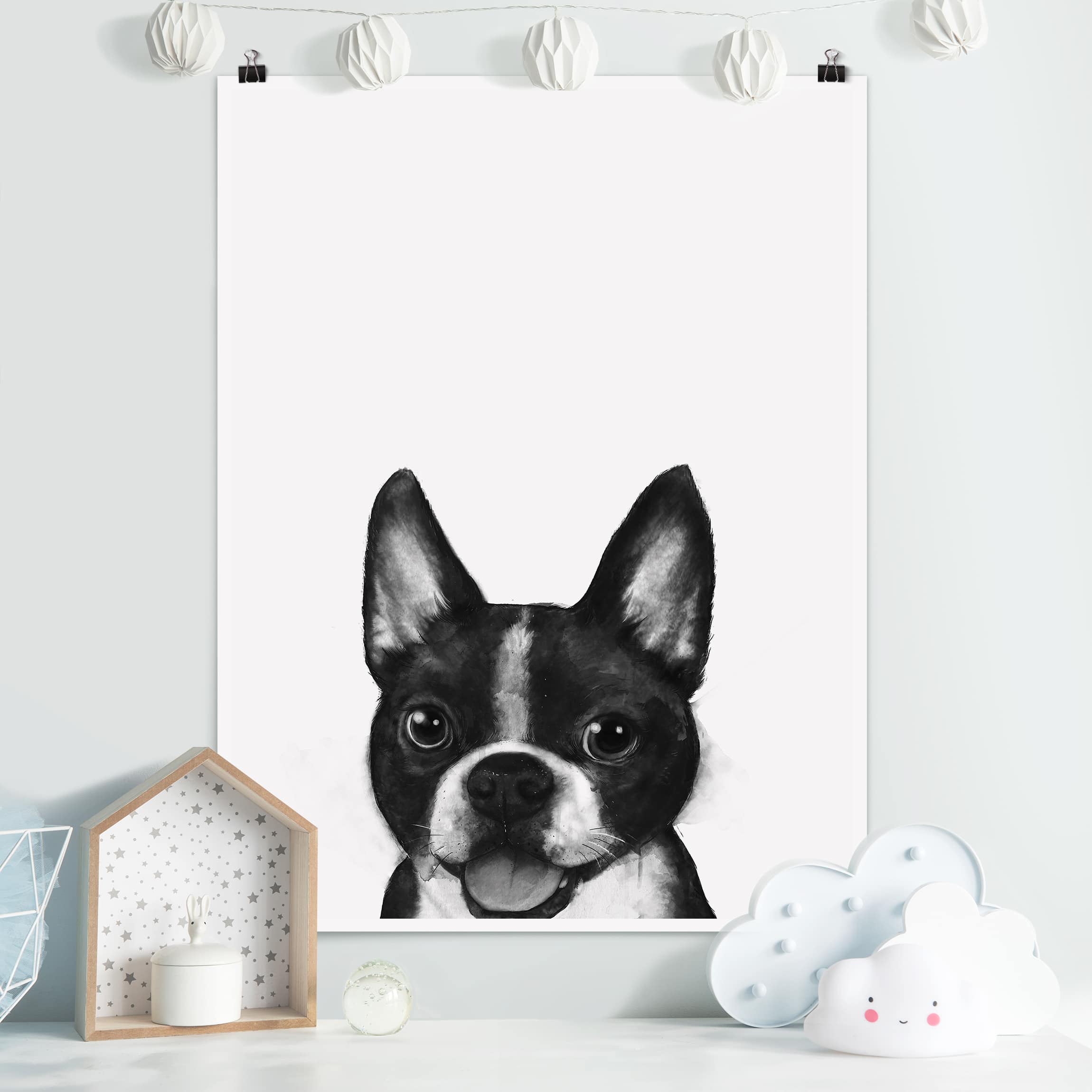 Poster - Hochformat Illustration Hund Boston Schwarz Weiß Malerei