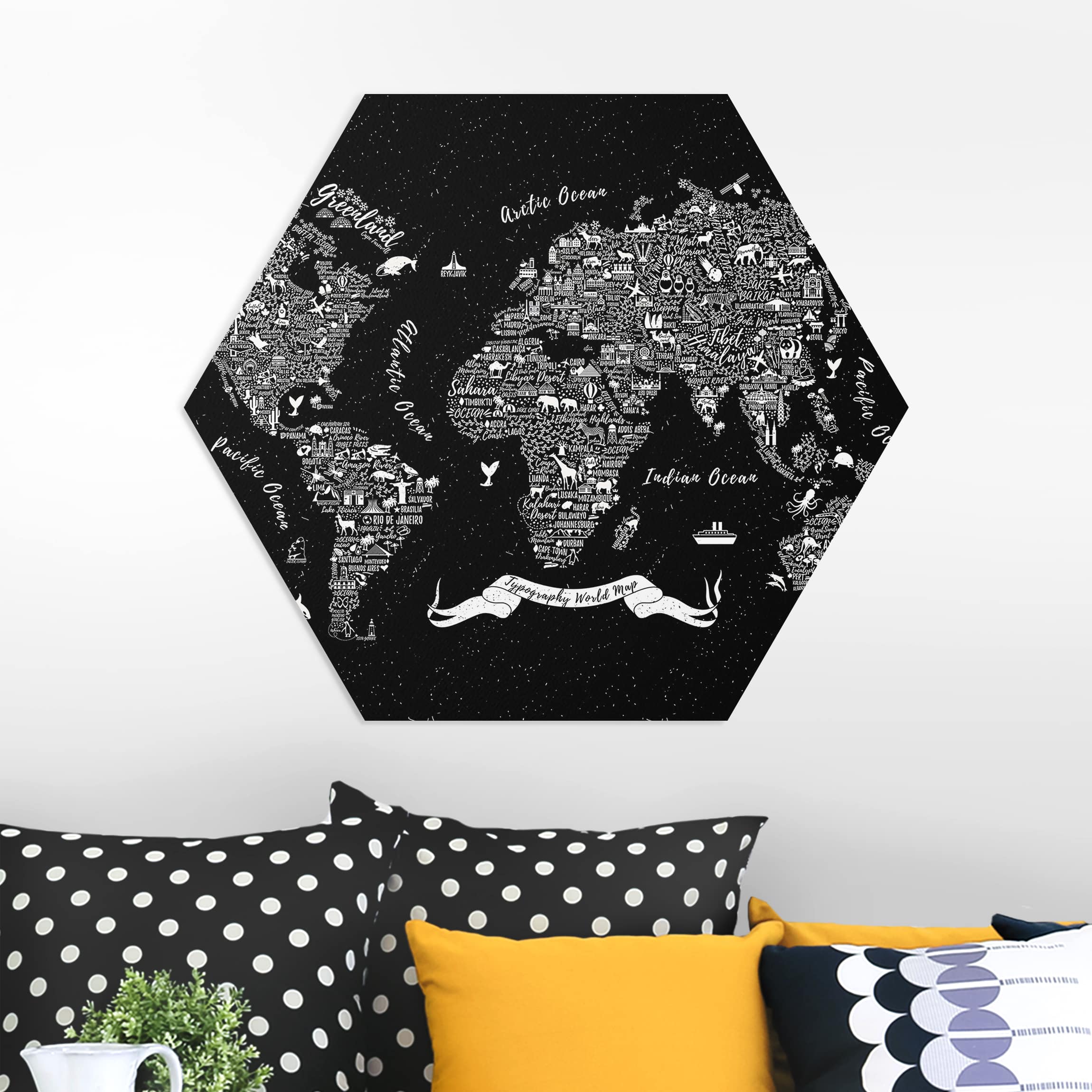 Hexagon-Forexbild Typografie Weltkarte schwarz