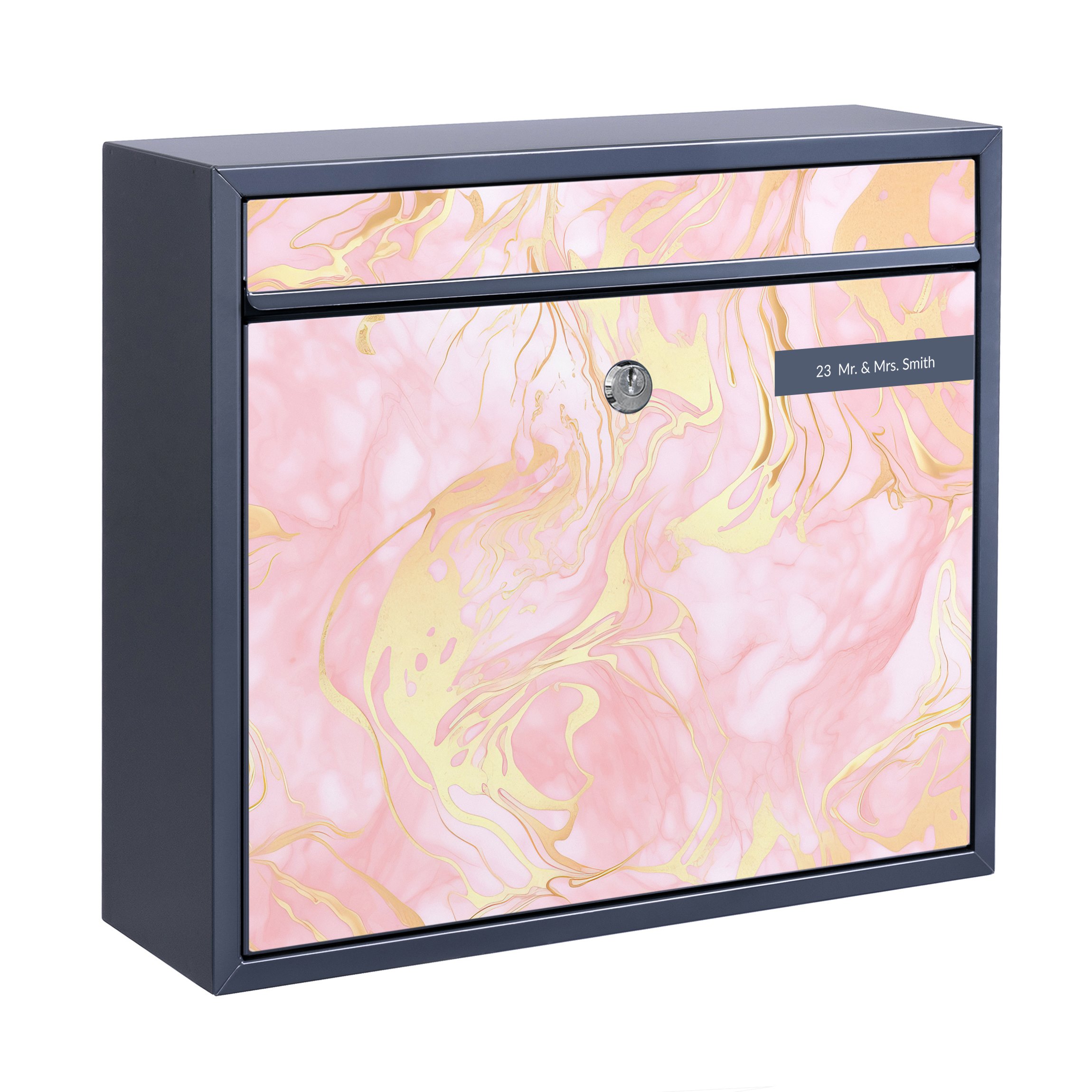 Briefkasten mit eigenem Text Farbspiel in Rosa und Gold