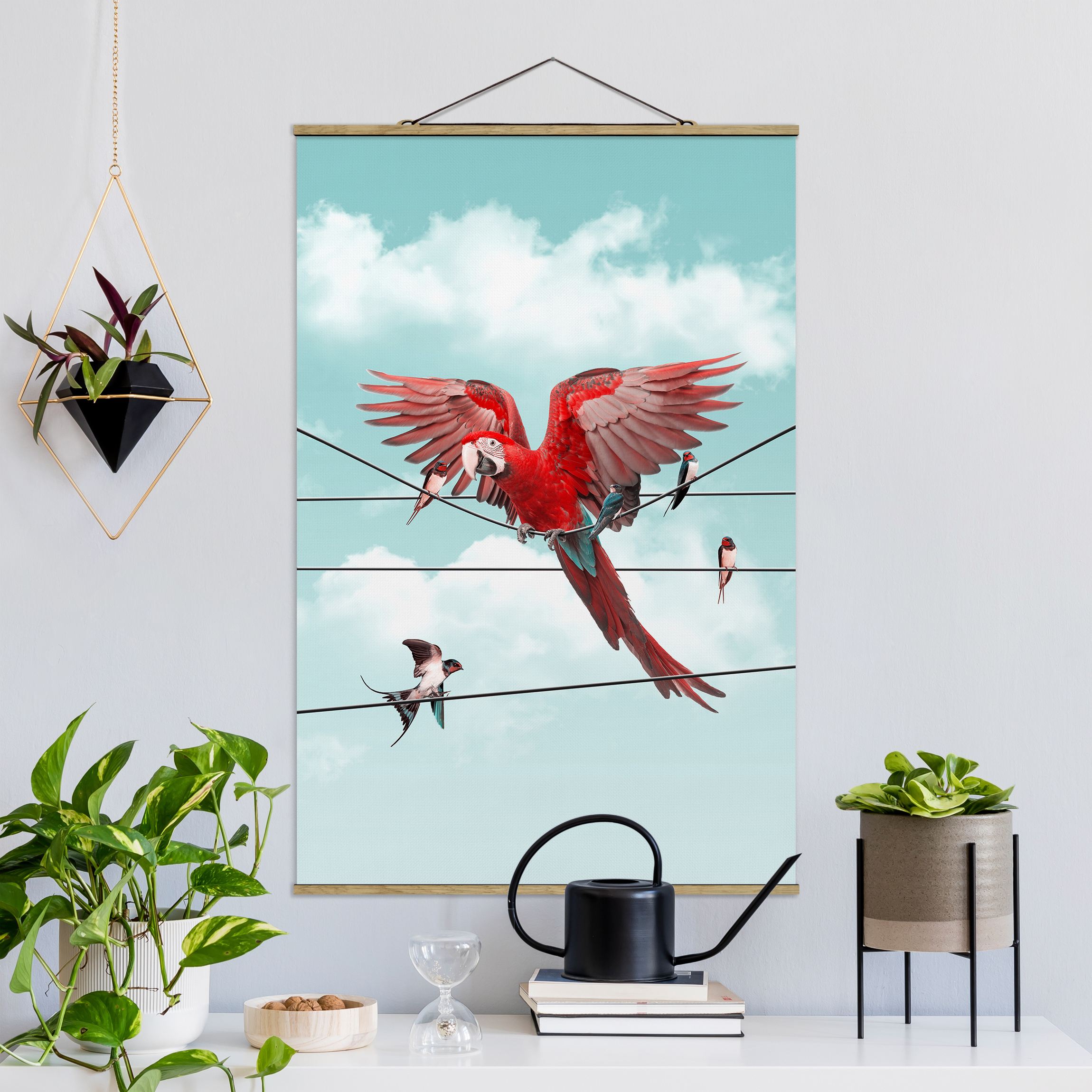 Stoffbild mit Posterleisten Himmel mit Vögeln