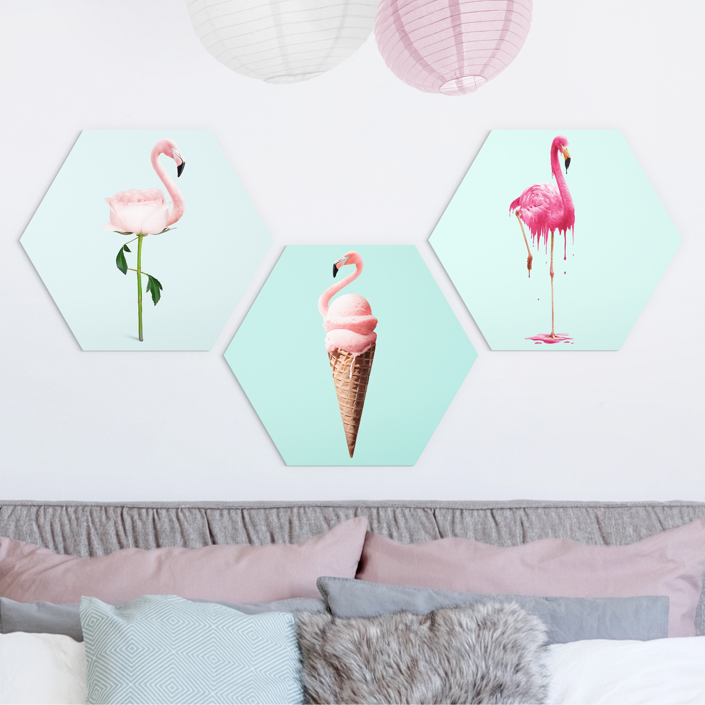 3-teiliges Hexagon-Alu-Dibond Bild Flamingo Set