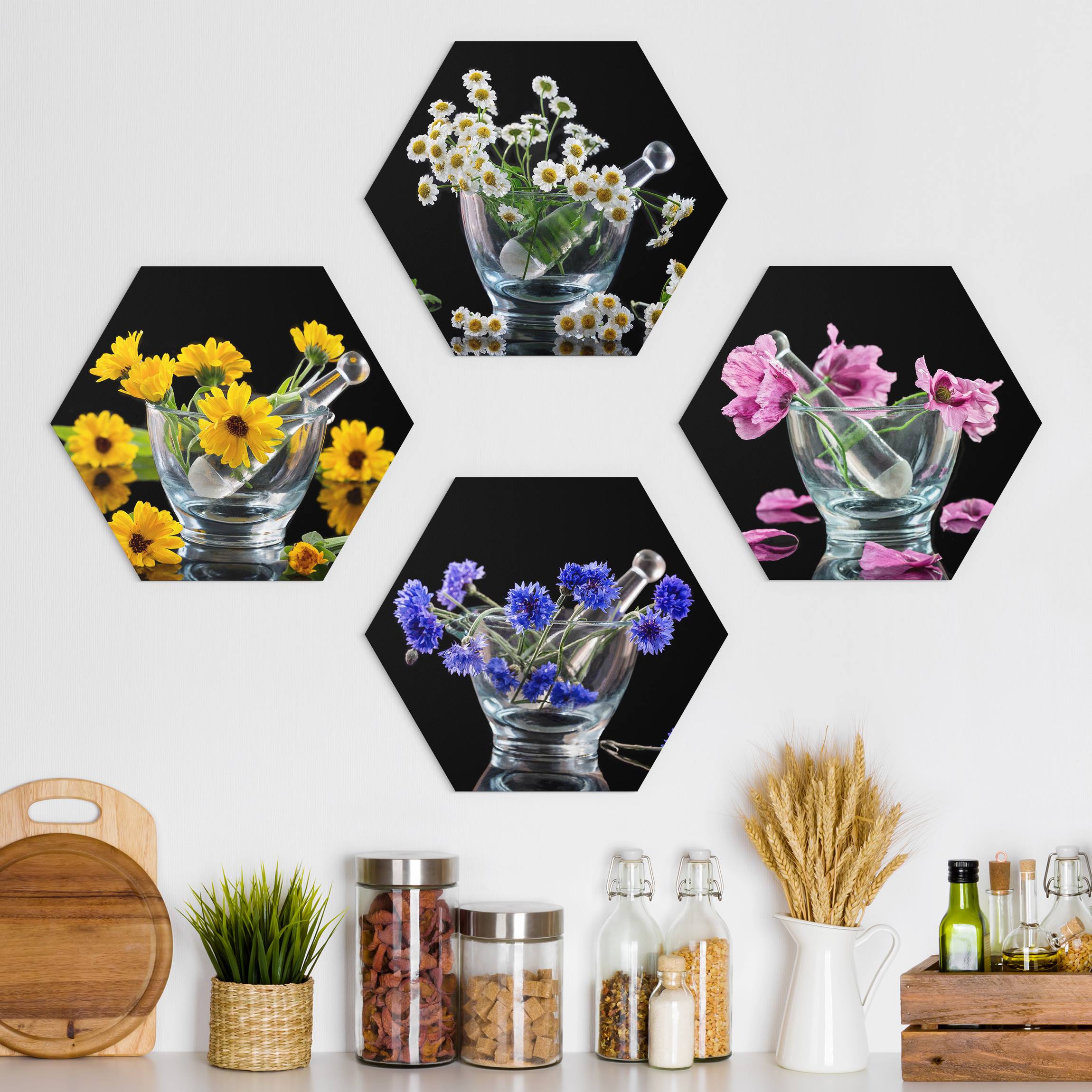 4-teiliges Hexagon-Alu-Dibond Bild Blumen im Mörser