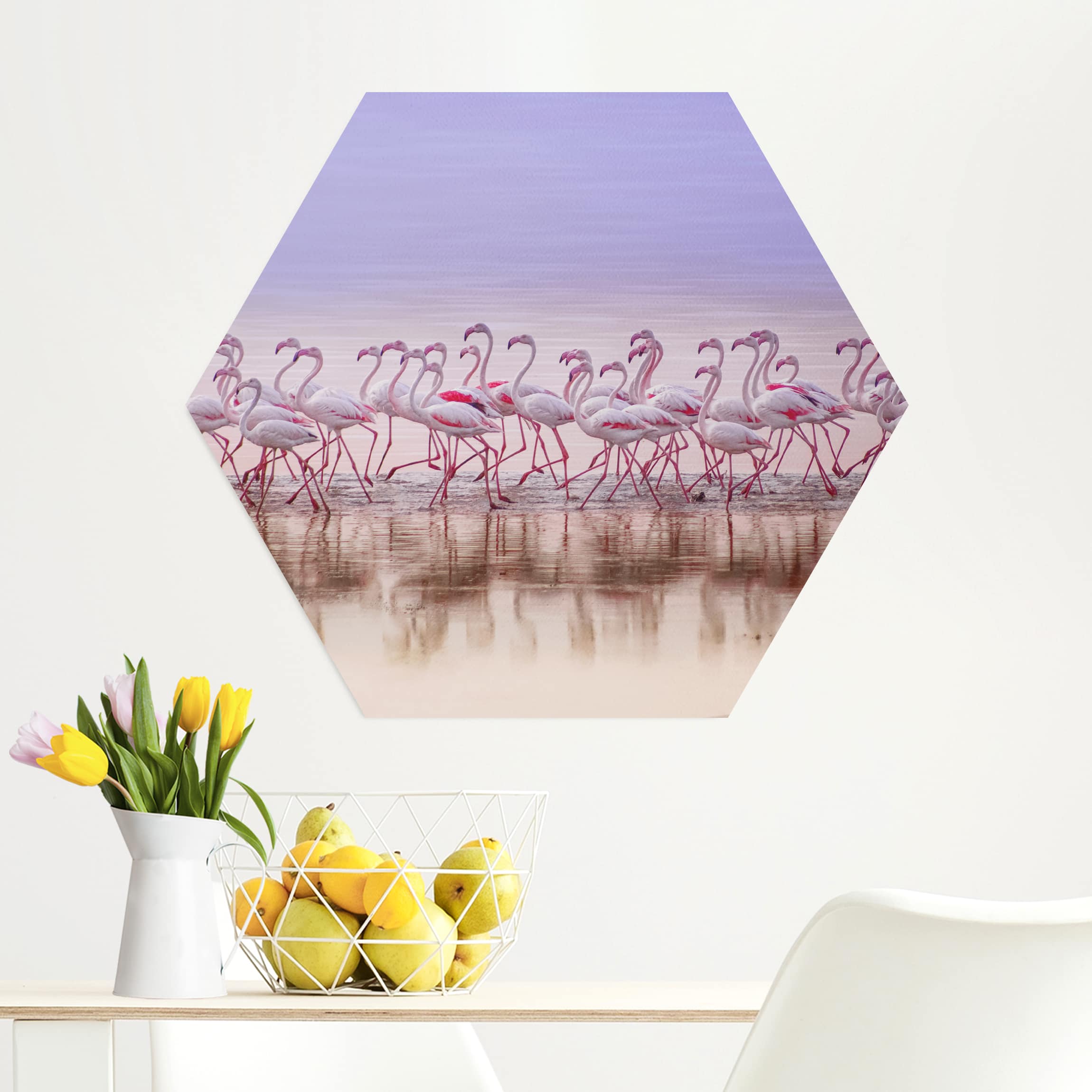 Hexagon-Alu-Dibond Bild Flamingo Party