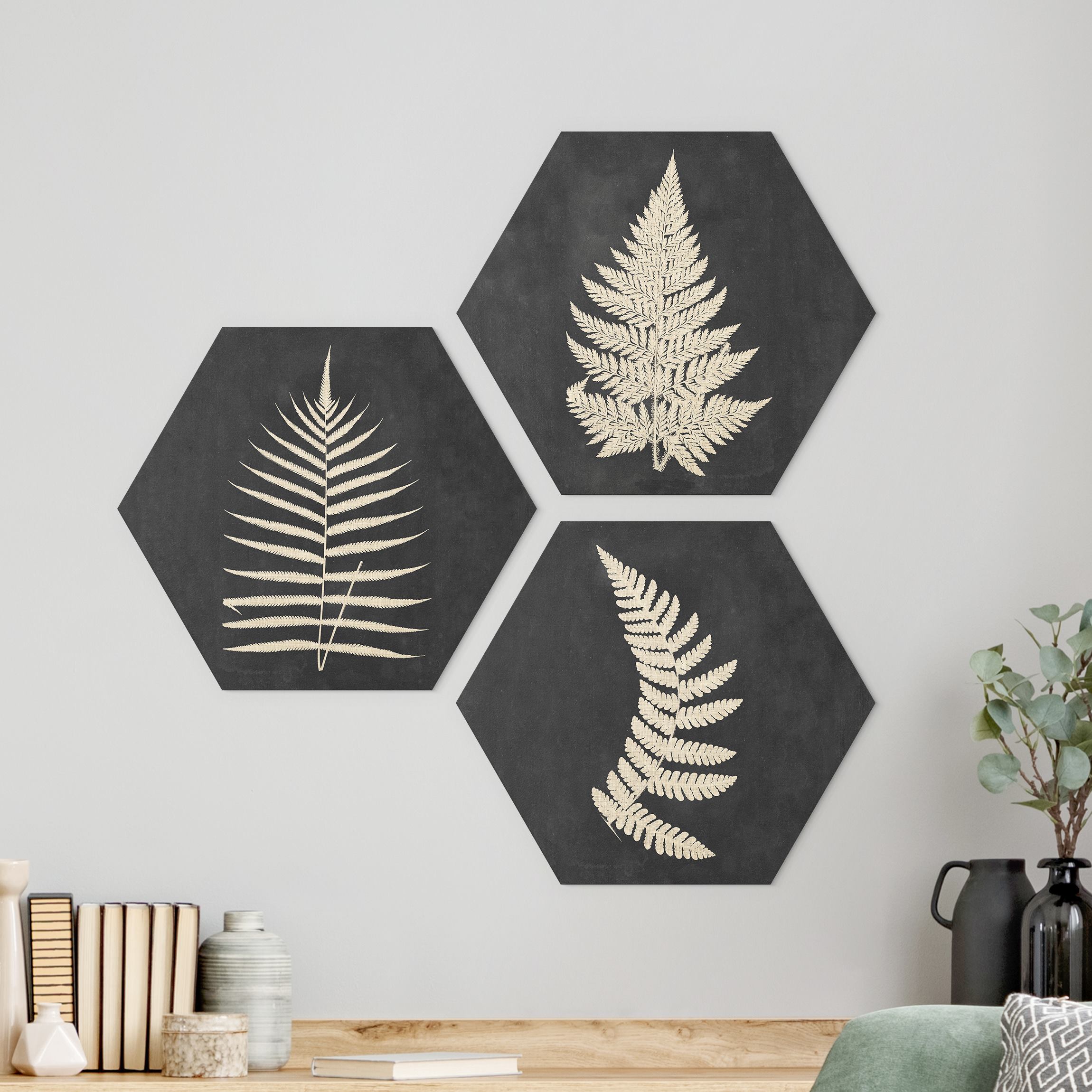 3-teiliges Hexagon-Alu-Dibond Bild Farn mit Leinenstruktur Set I