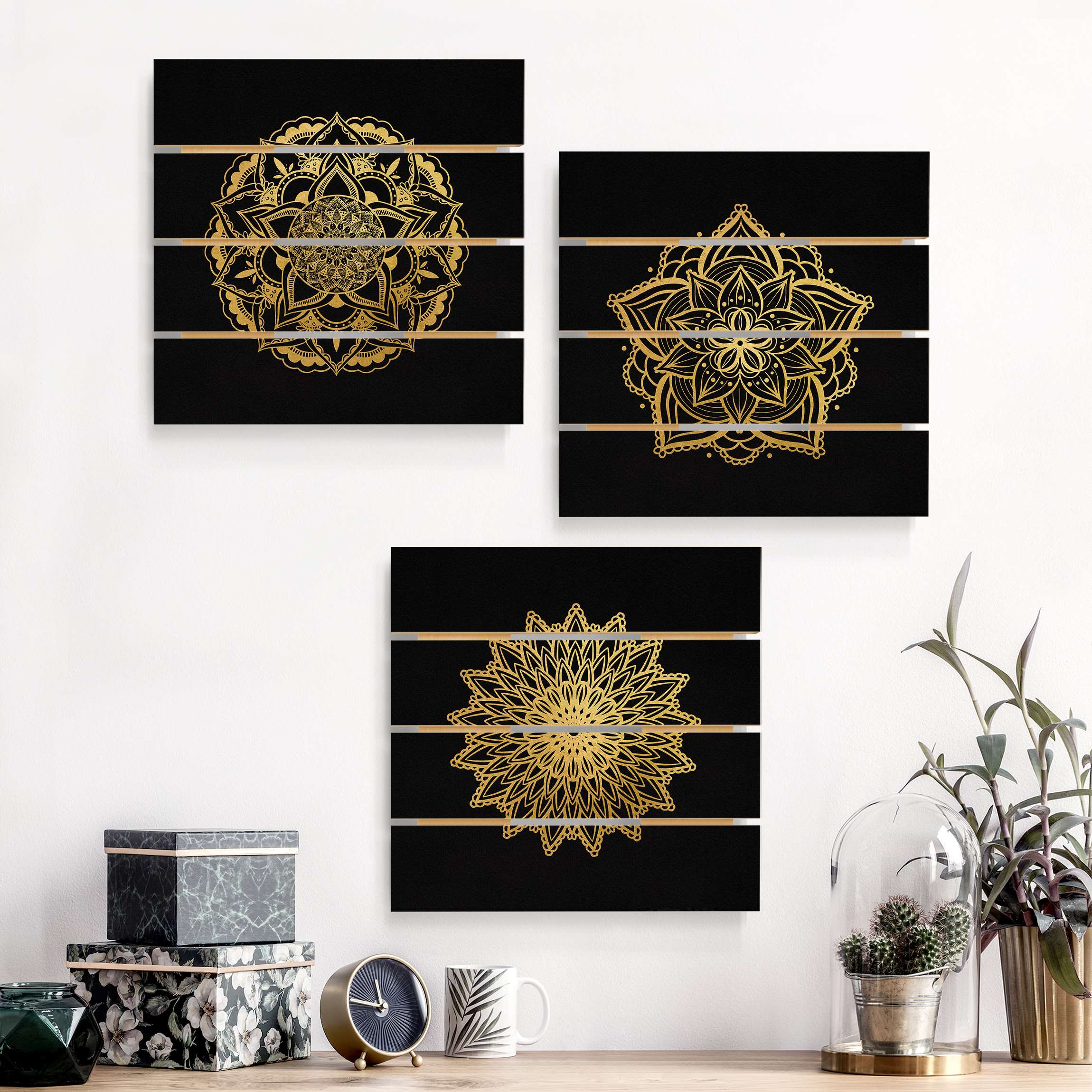 3-teiliges Holzbild Plankenoptik Mandala Blüte Sonne Illustration Set Schwarz Gold