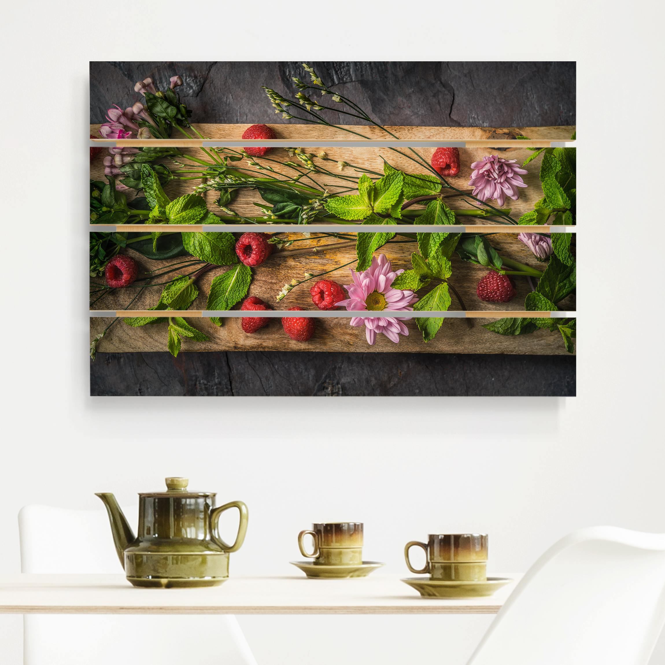 Holzbild Plankenoptik Blumen Himbeeren Minze