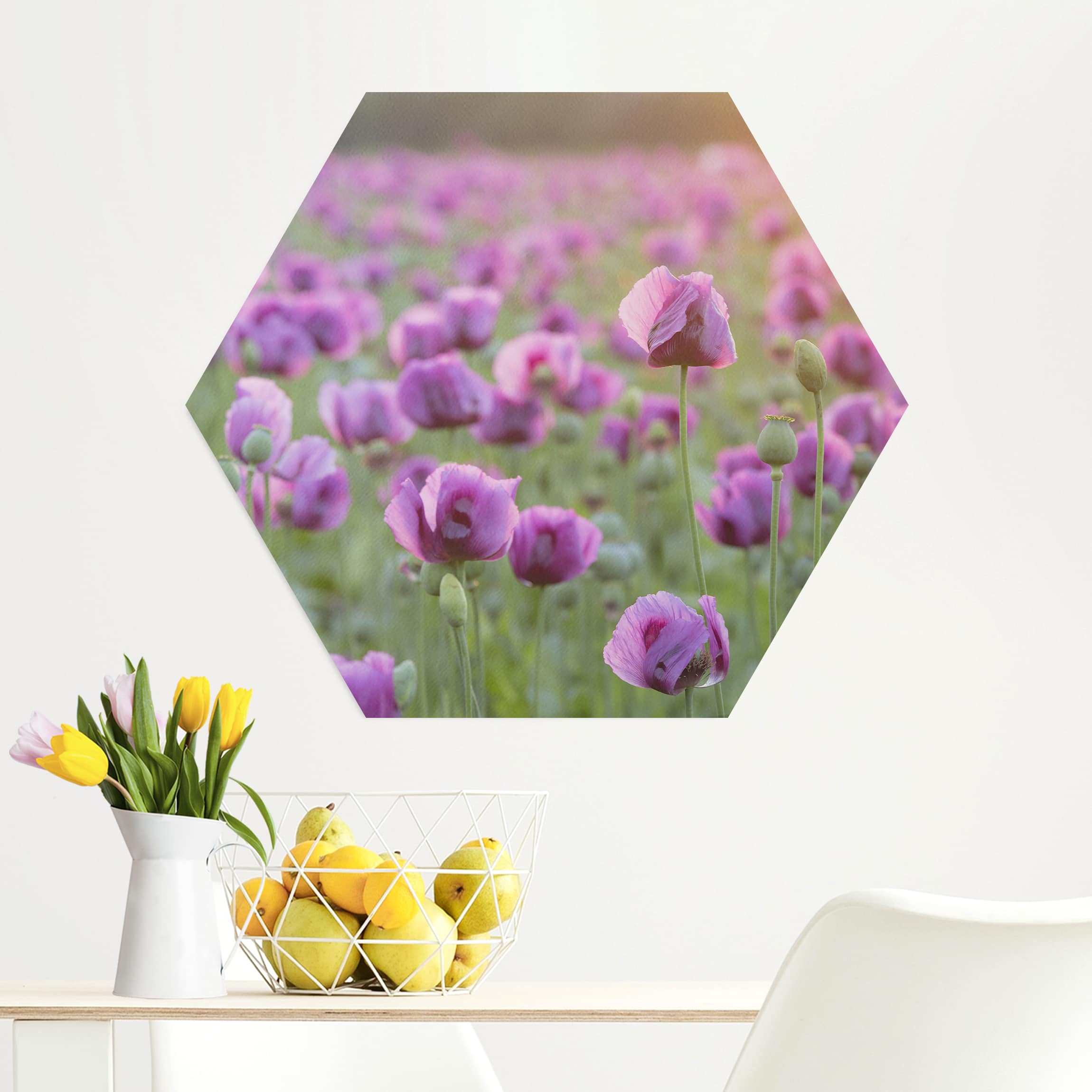 Hexagon-Alu-Dibond Bild Violette Schlafmohn Blumenwiese im Frühling