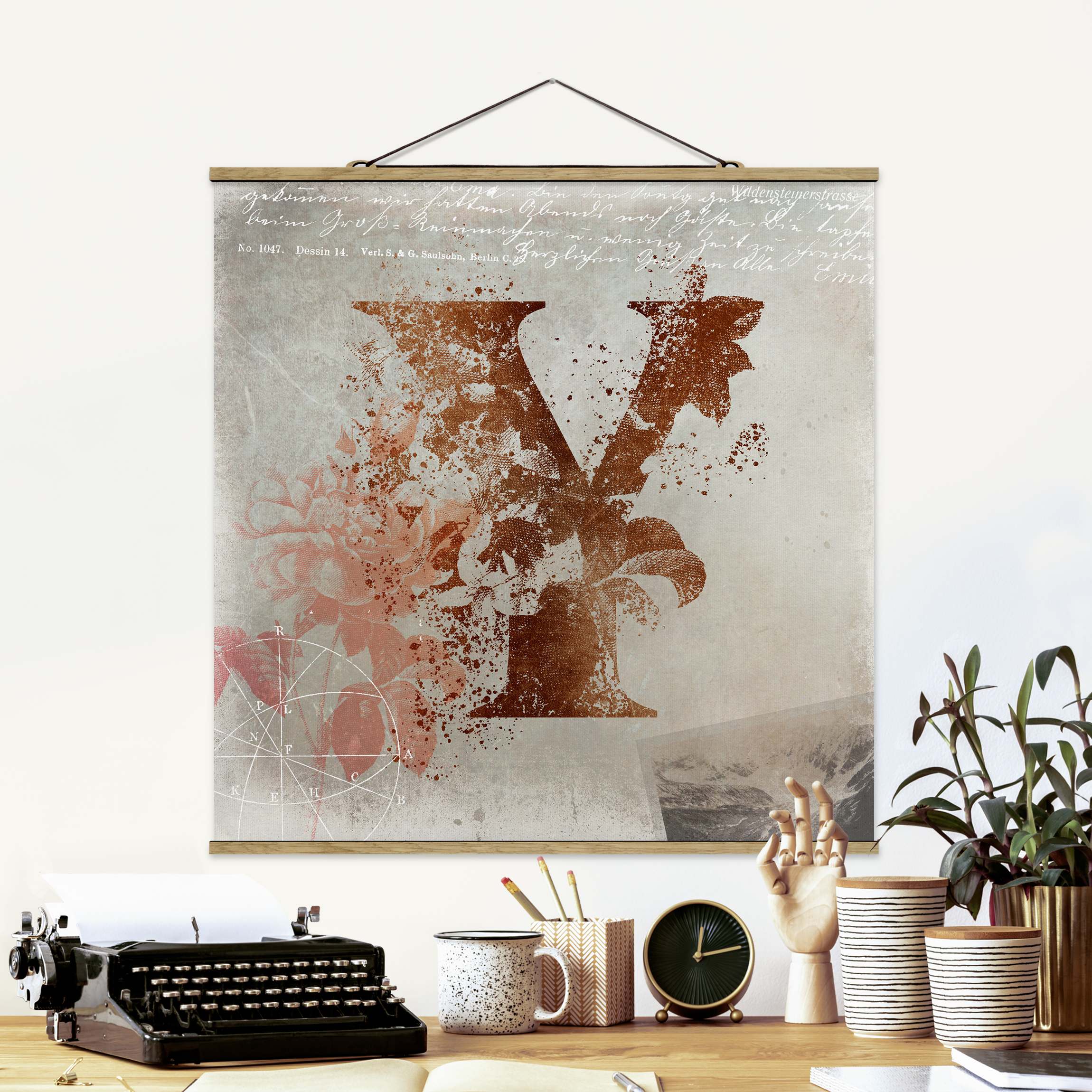 Stoffbild mit Posterleisten Vintage Gold Alphabet Buchstabe Y