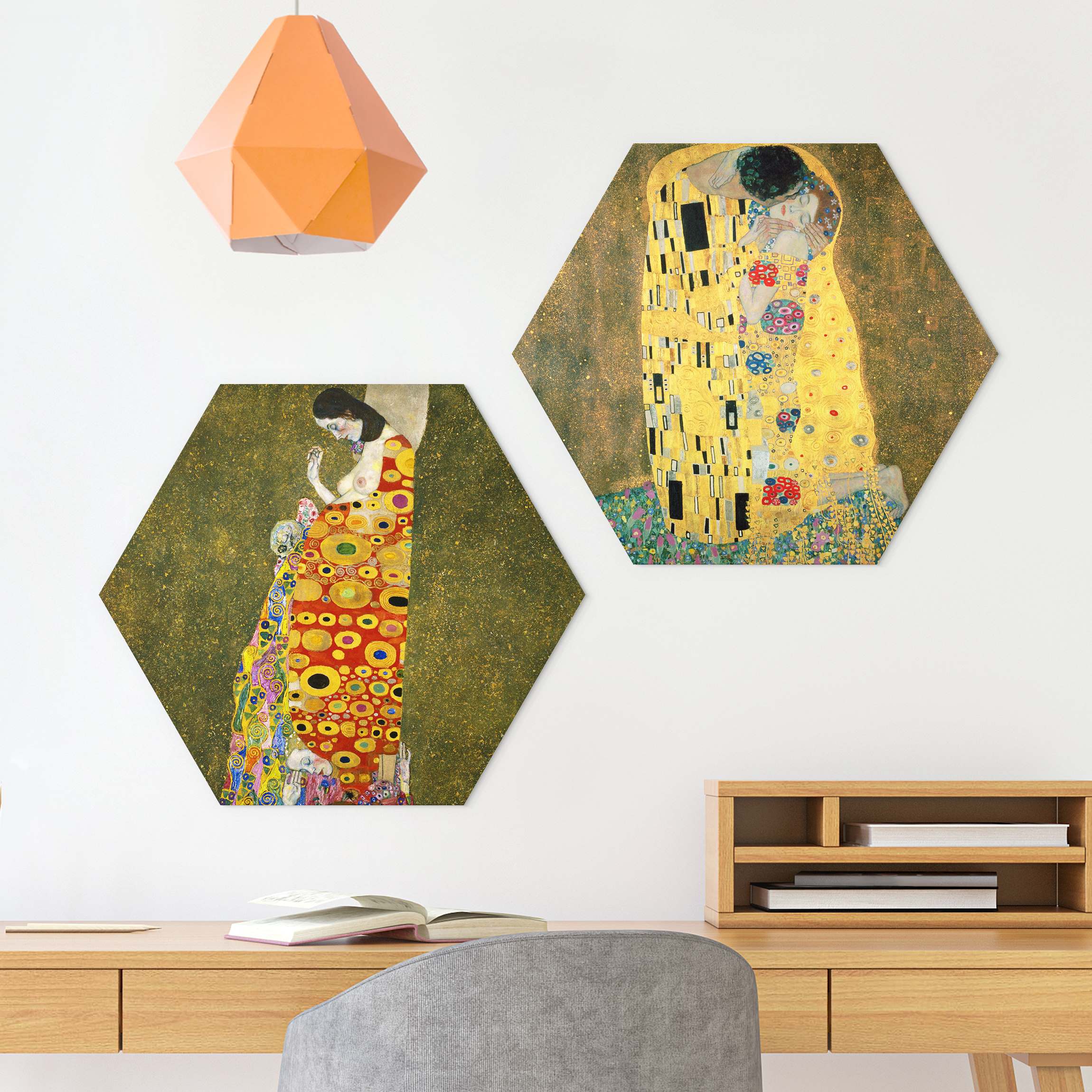 2-teiliges Hexagon-Alu-Dibond Bild Gustav Klimt - Kuss und Hoffnung