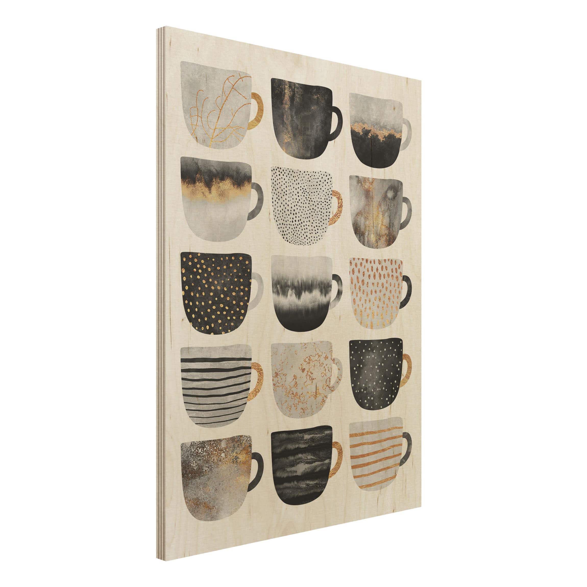 Holzbild Goldene Tassen Schwarz Weiß
