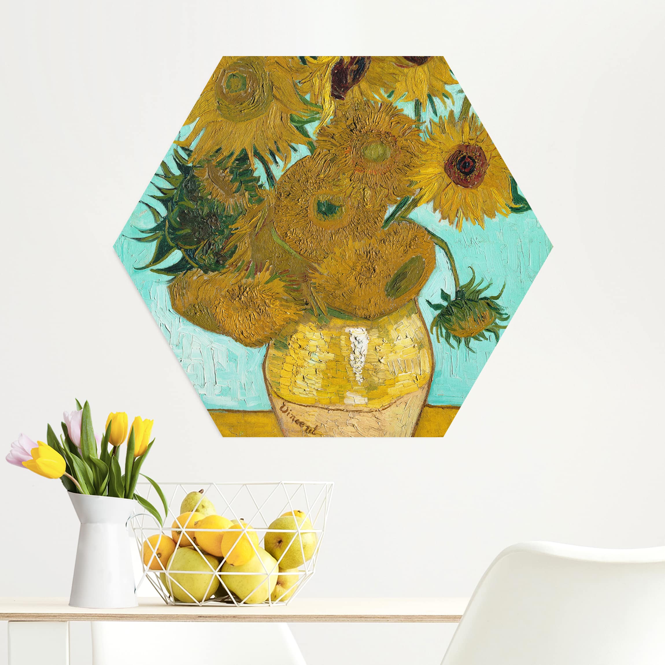 Hexagon-Alu-Dibond Bild Vincent van Gogh - Vase mit Sonnenblumen