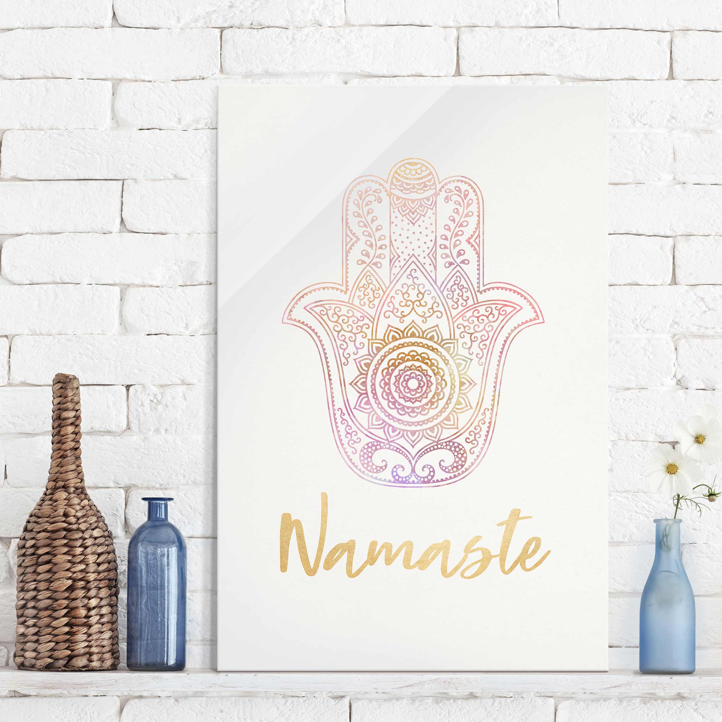 Glasbild Hamsa Hand Illustration Namaste gold rosa