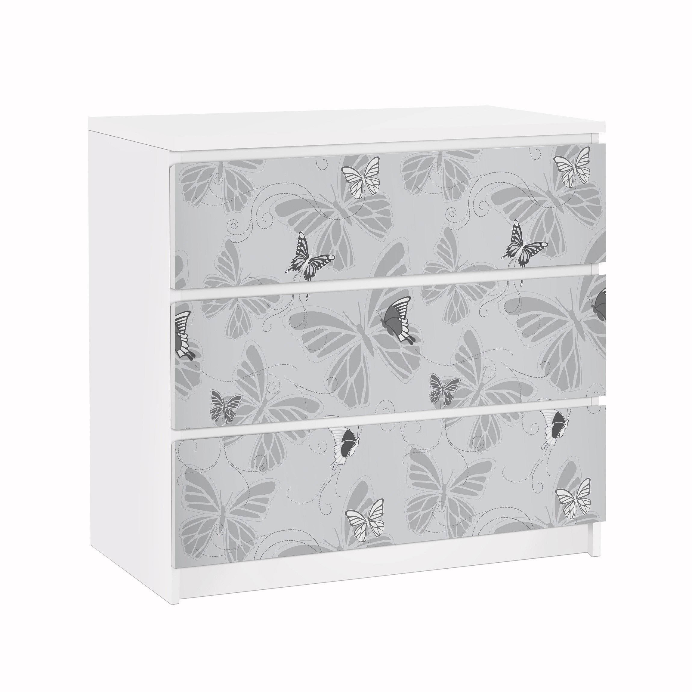 Möbelfolie für IKEA Malm Kommode 3 Schubladen Schmetterlinge Monochrom