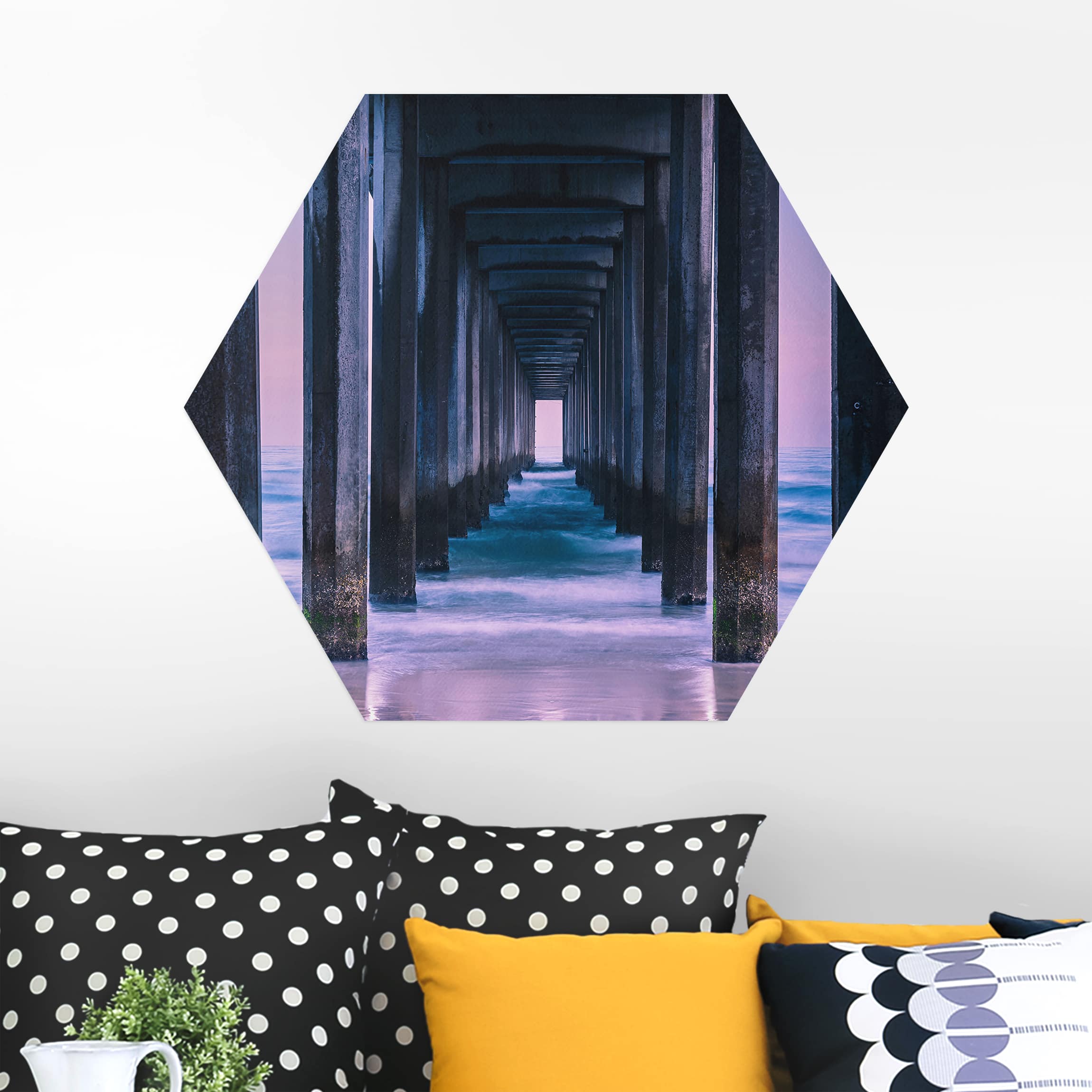 Hexagon-Alu-Dibond Bild Pier im Sonnenuntergang