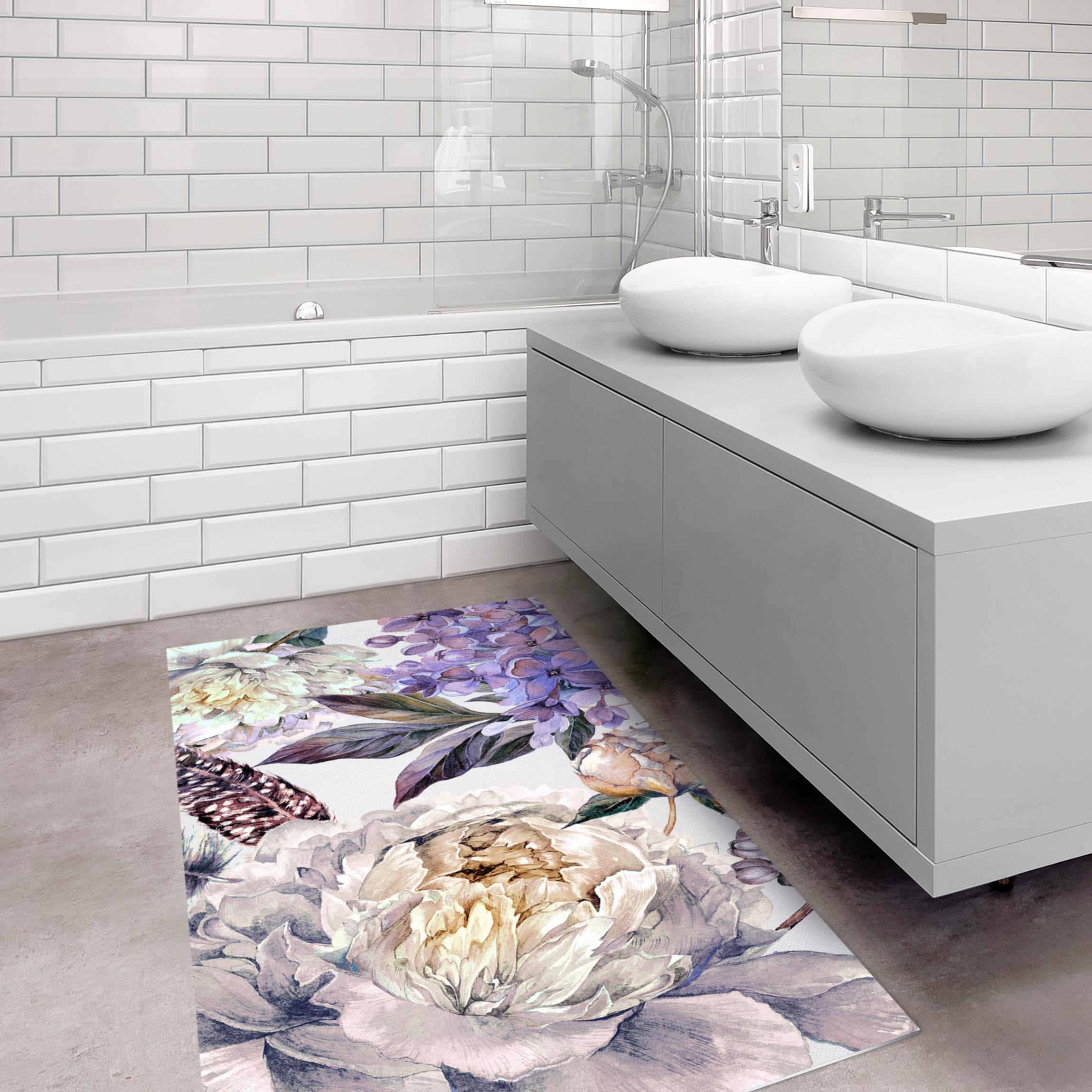 Vinylteppich Zartes Aquarell Boho Blüten und Federn Muster