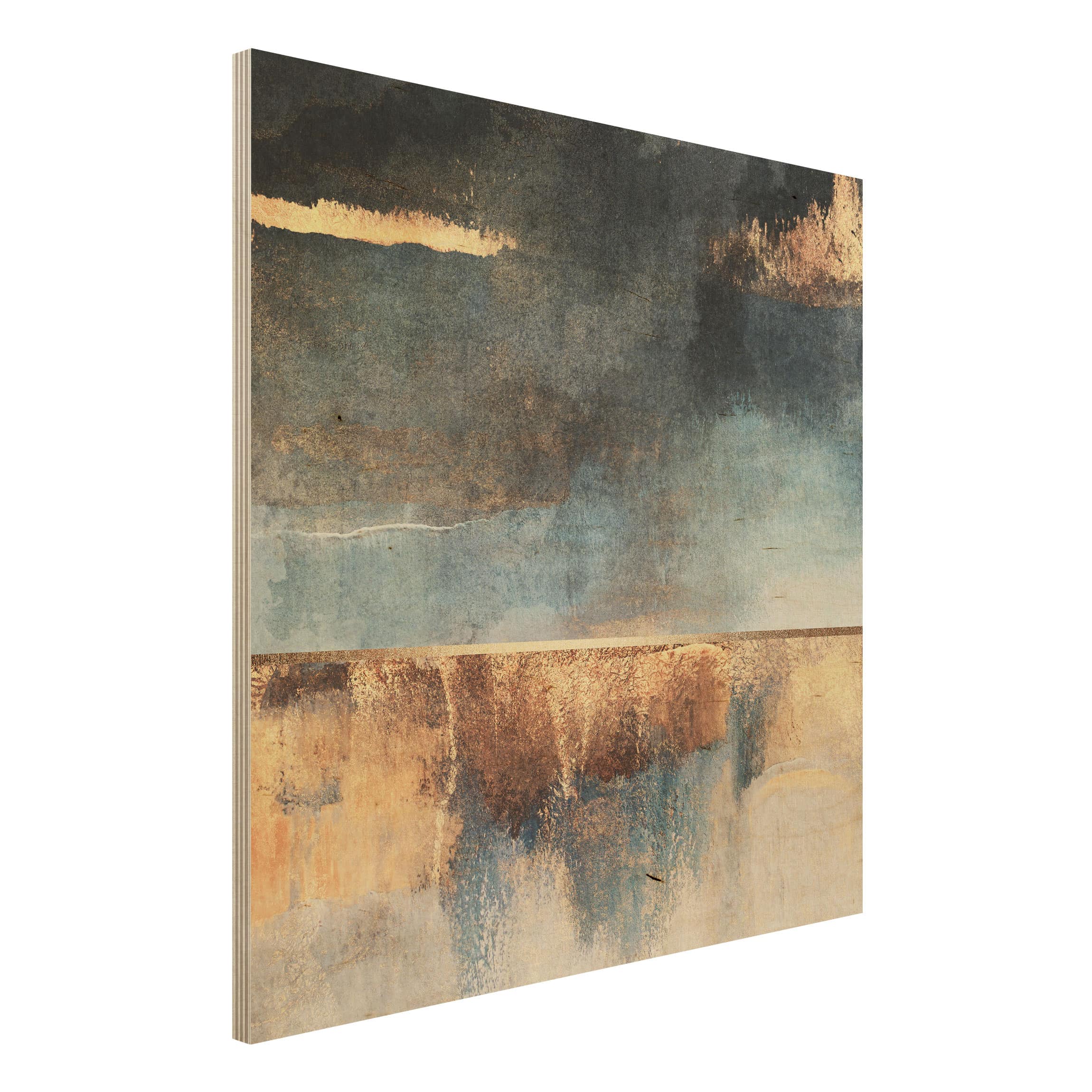 Holzbild - Quadrat Abstraktes Seeufer in Gold