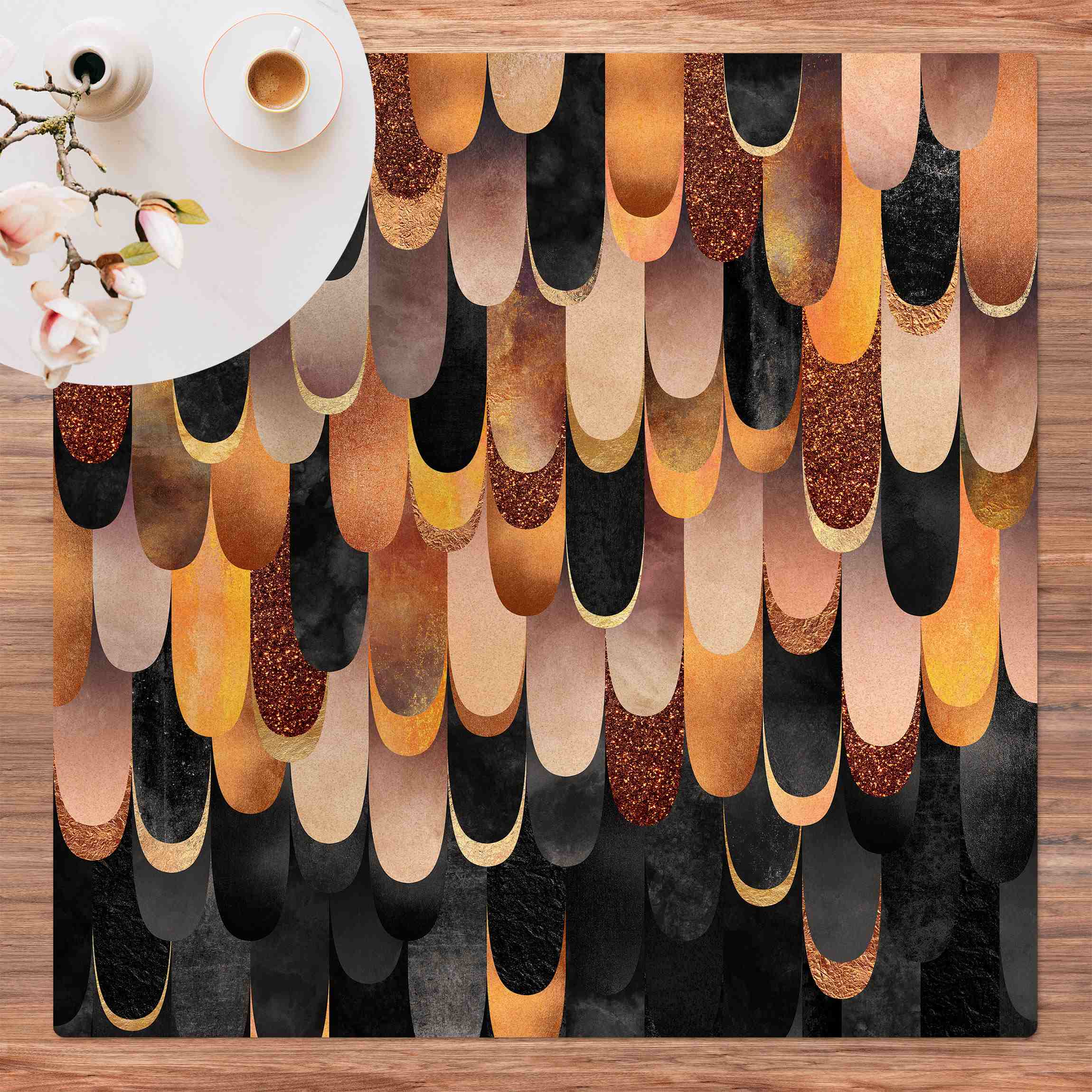 Kork-Teppich Federn Bronze Schwarz