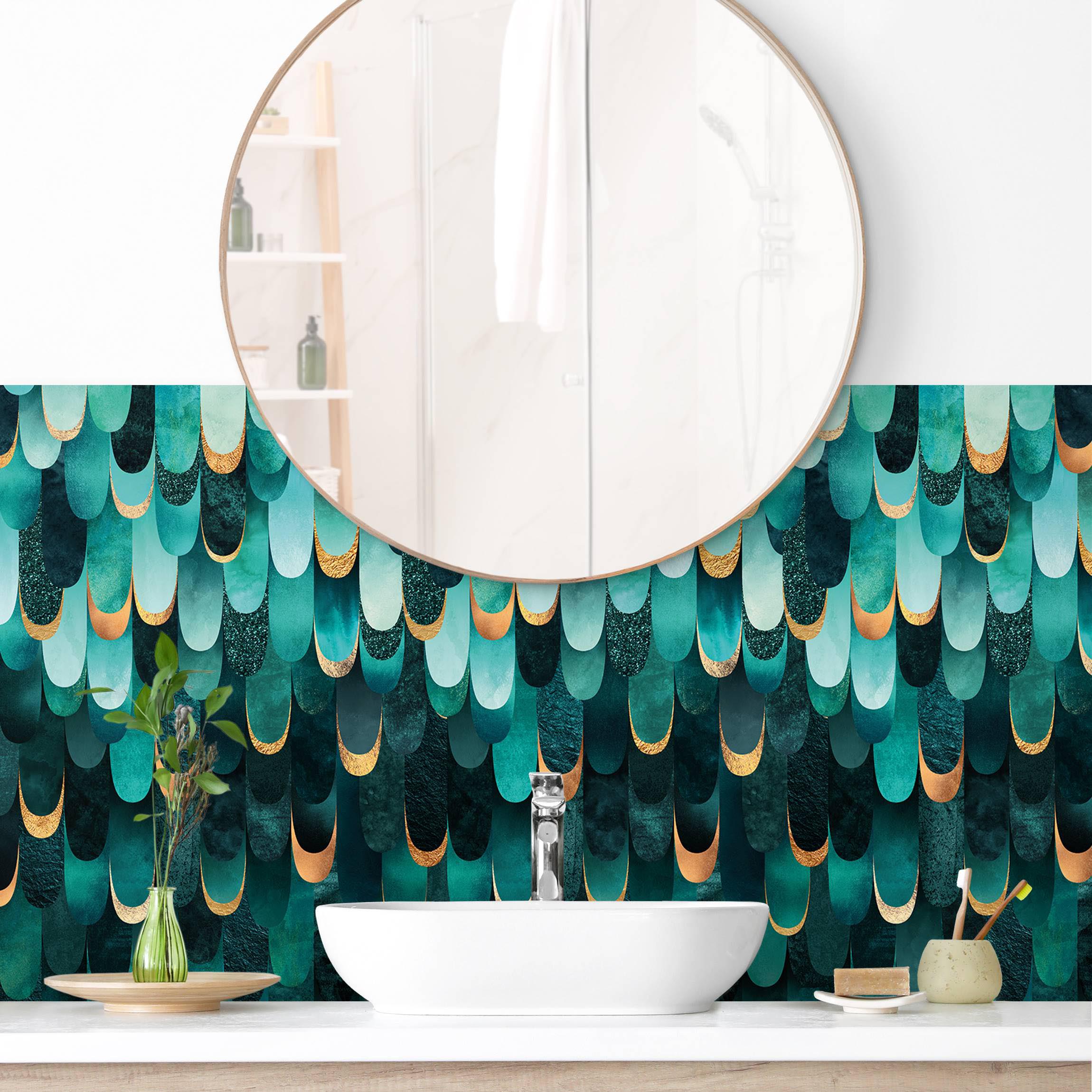 Wandverkleidung Bad Federn Gold Türkis II