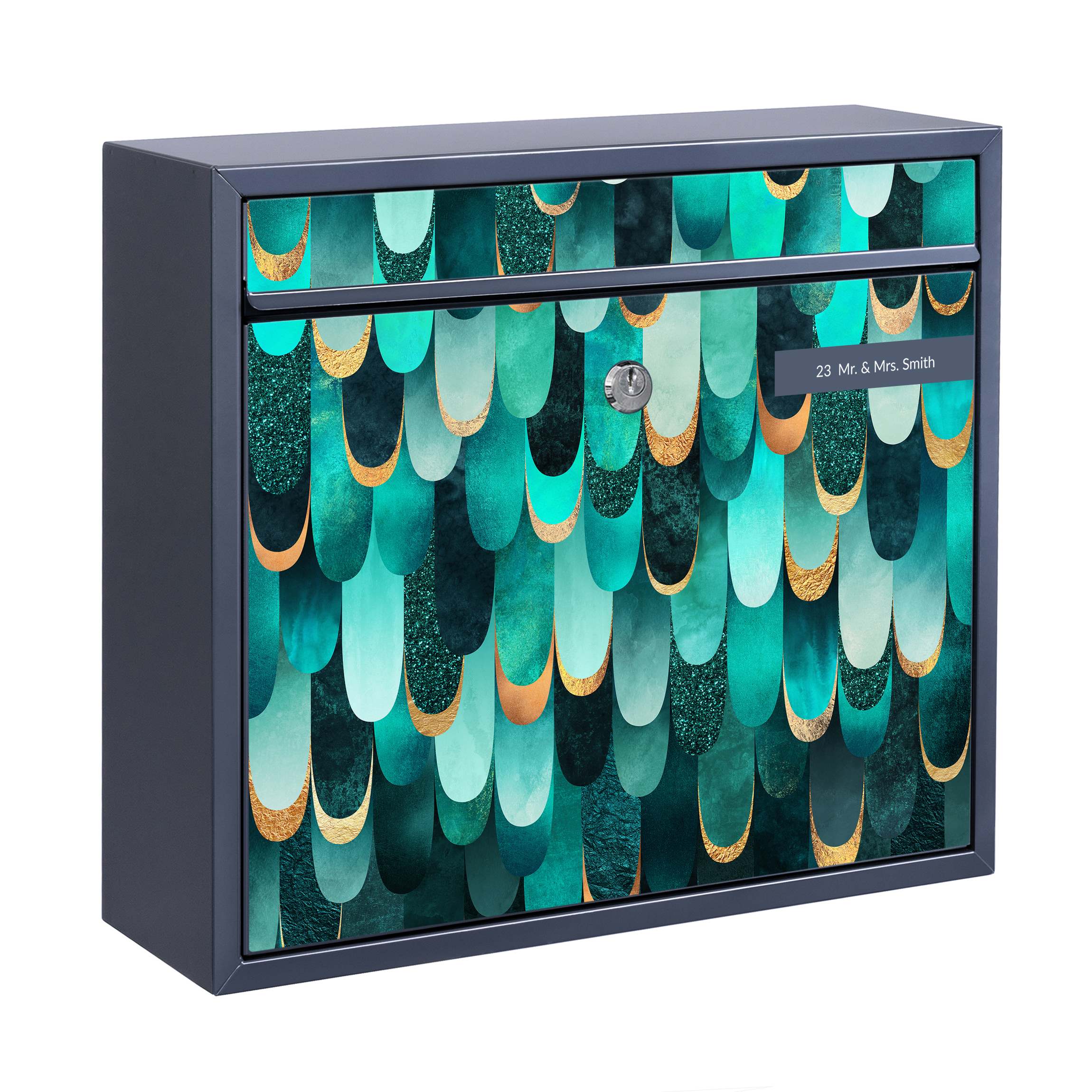 Briefkasten mit eigenem Text Federn Gold Türkis