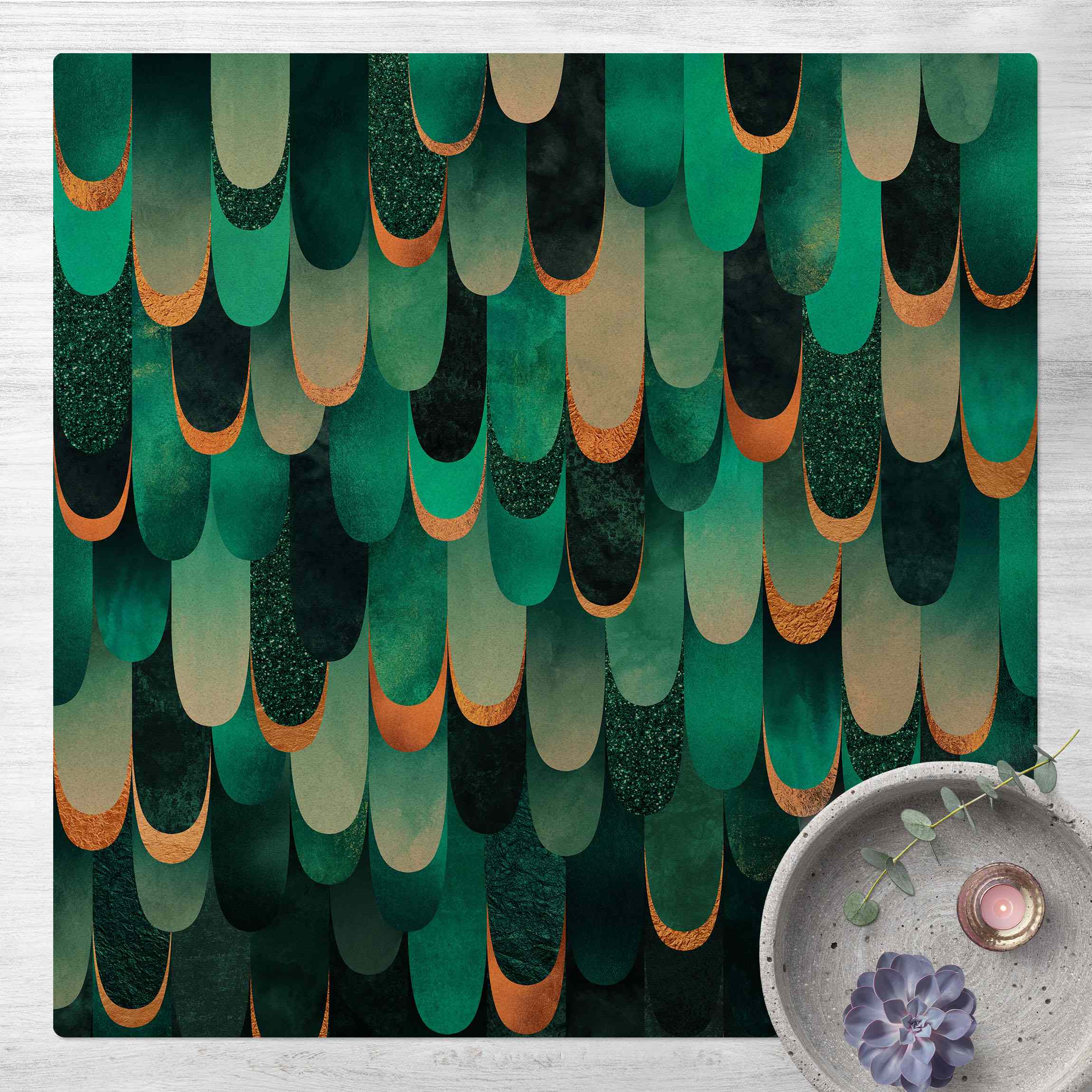 Kork-Teppich Federn Gold Türkis