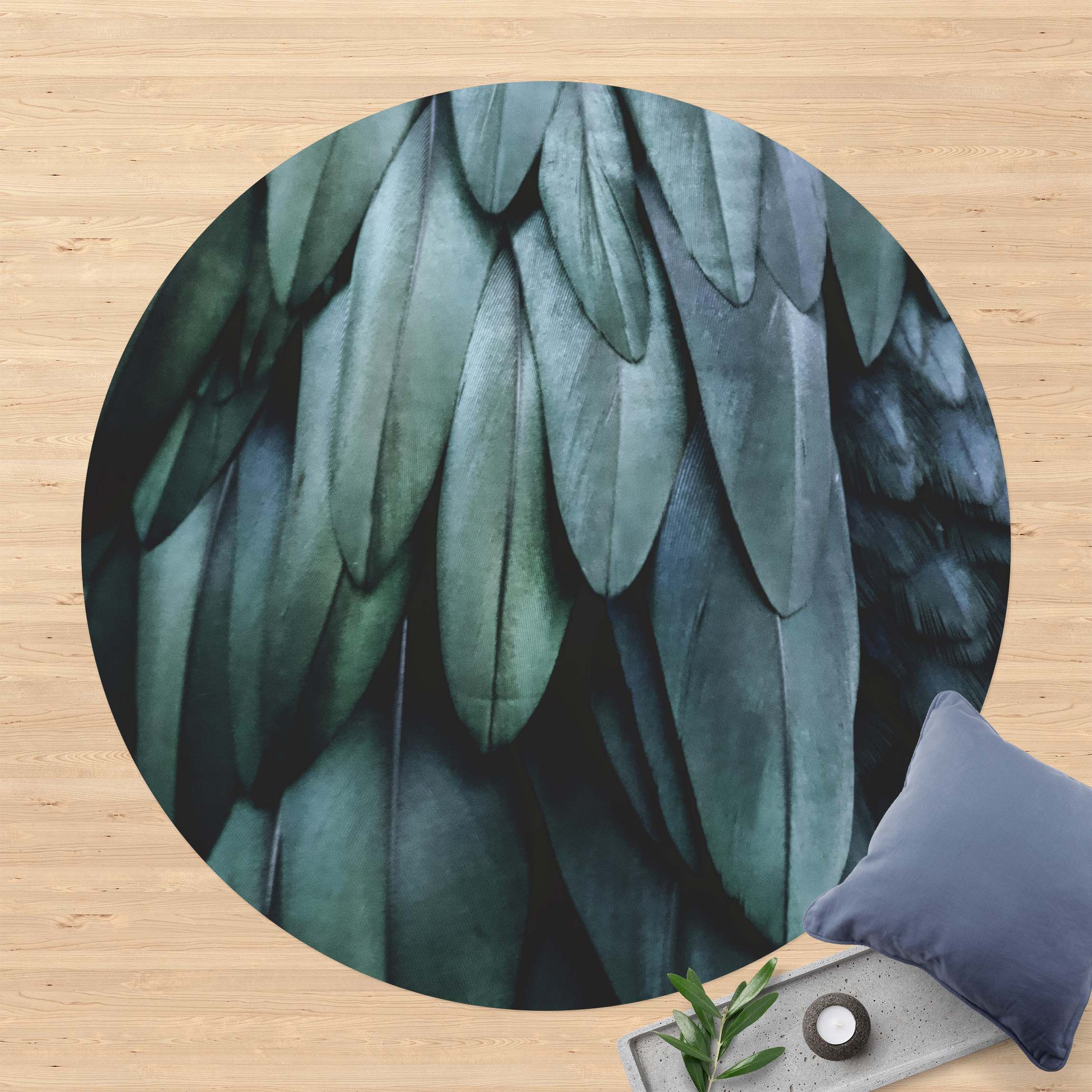 Runder Vinyl-Teppich Federn in Aquamarin