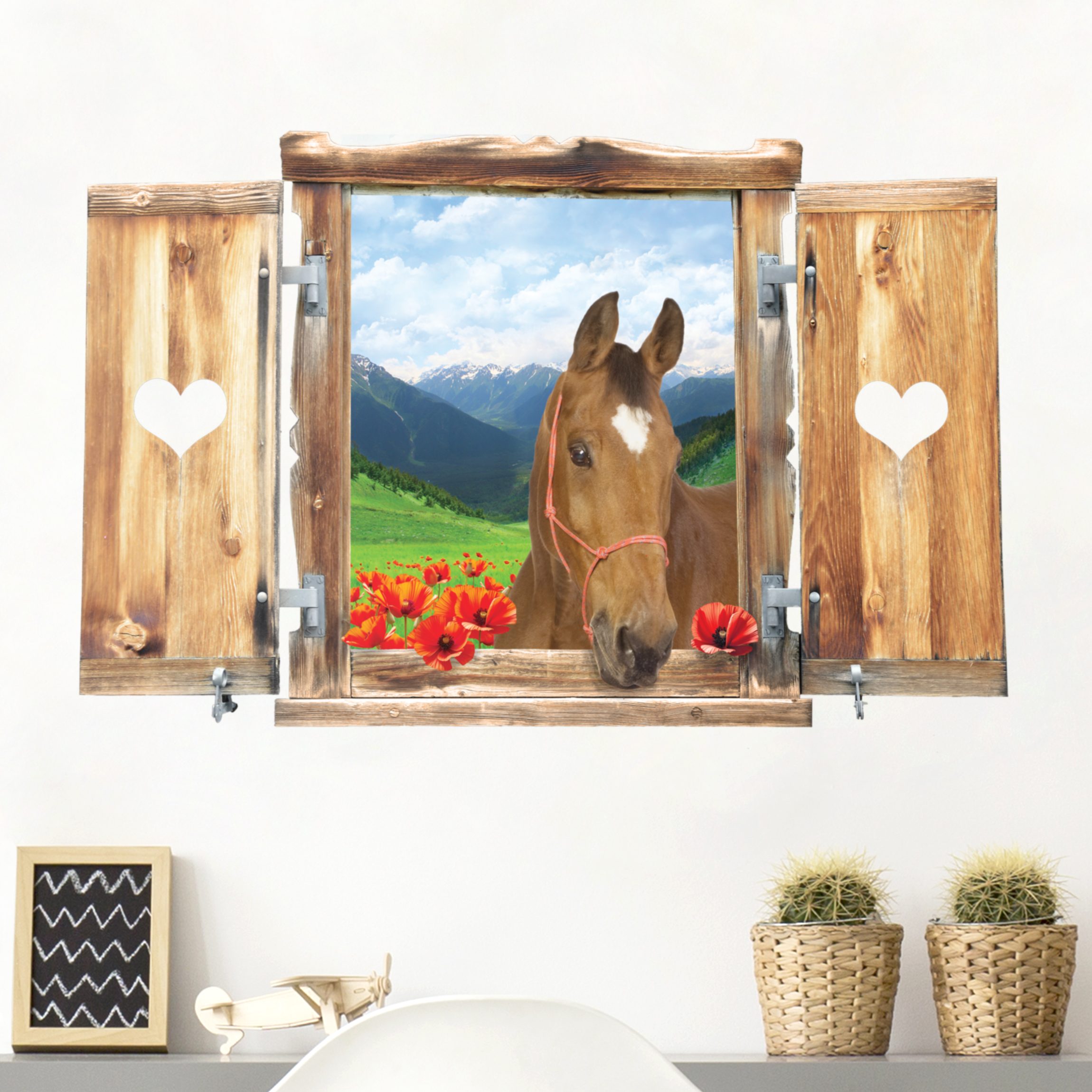 3D Wandtattoo Fenster mit Herz und Pferd Alpenwiese
