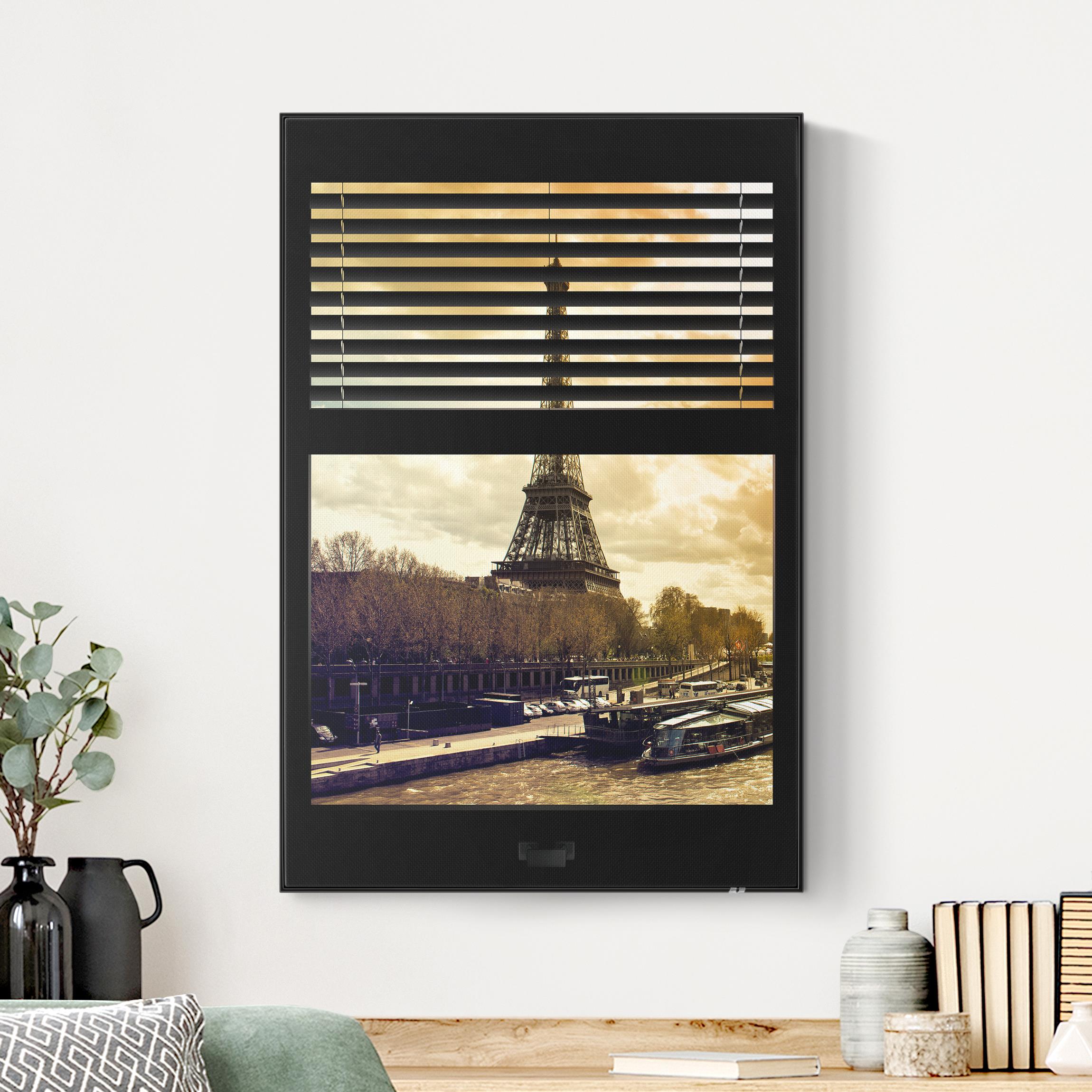 Akustik-Wechselbild Fensterausblick Jalousie - Paris Eiffelturm Sonnenuntergang