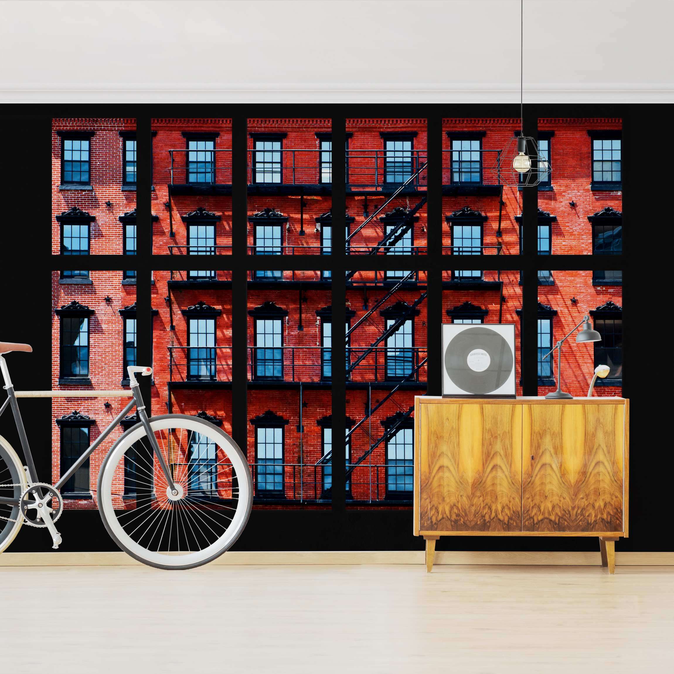 Fototapete Skyline Fensterblick rote Amerikanische Fassade