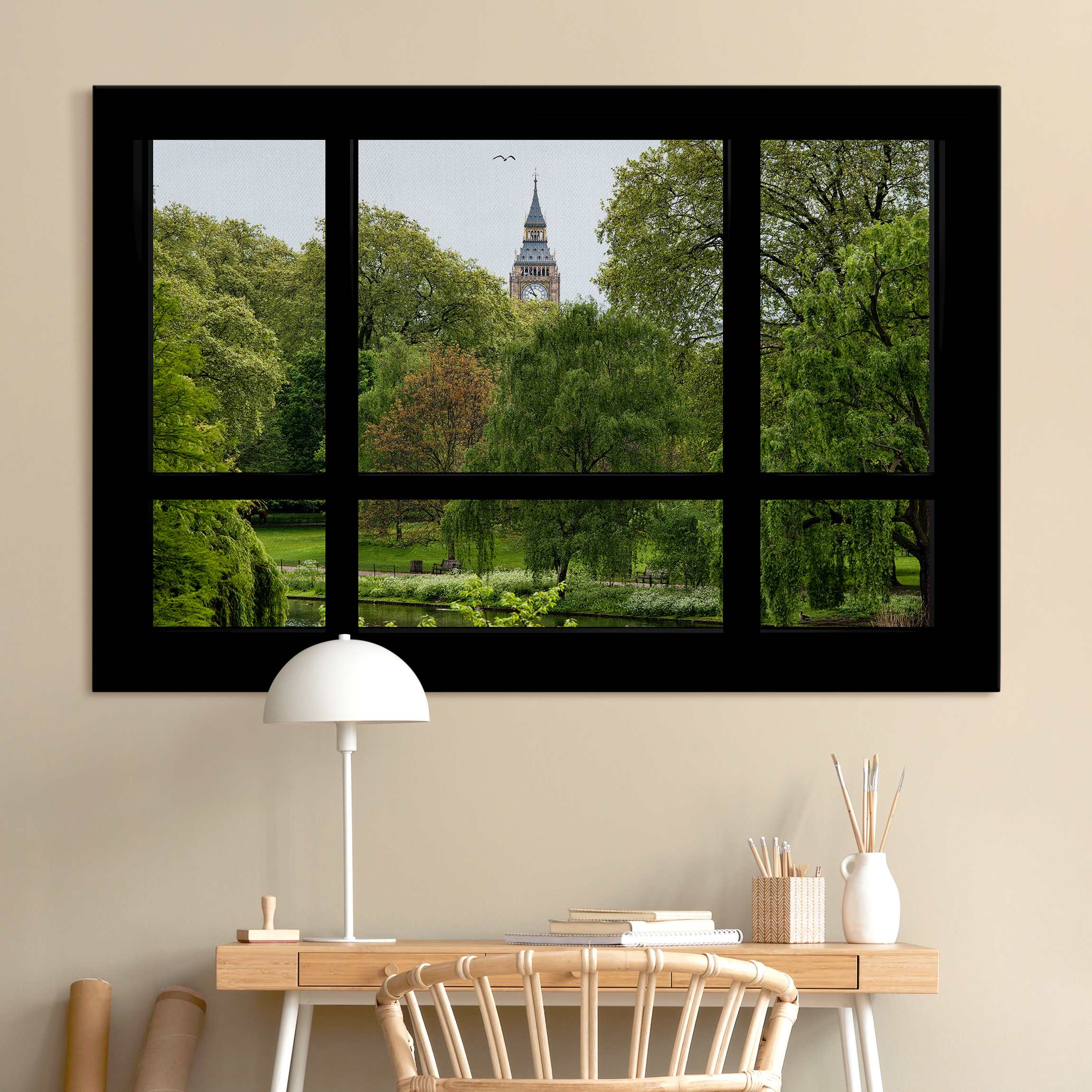 Akustikbild Fensterblick über St. James Park auf Big Ben