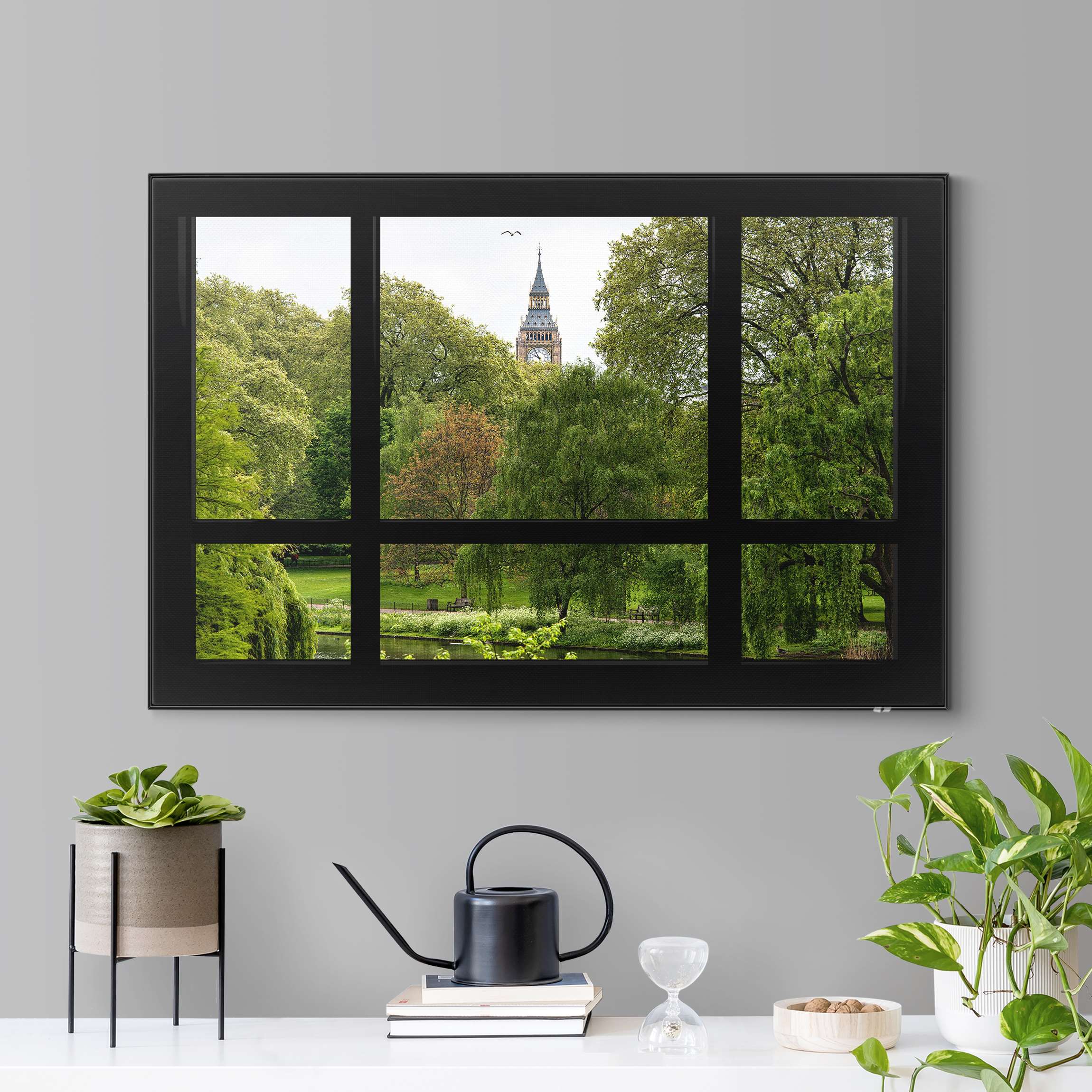 Wechselbild Fensterblick über St. James Park auf Big Ben