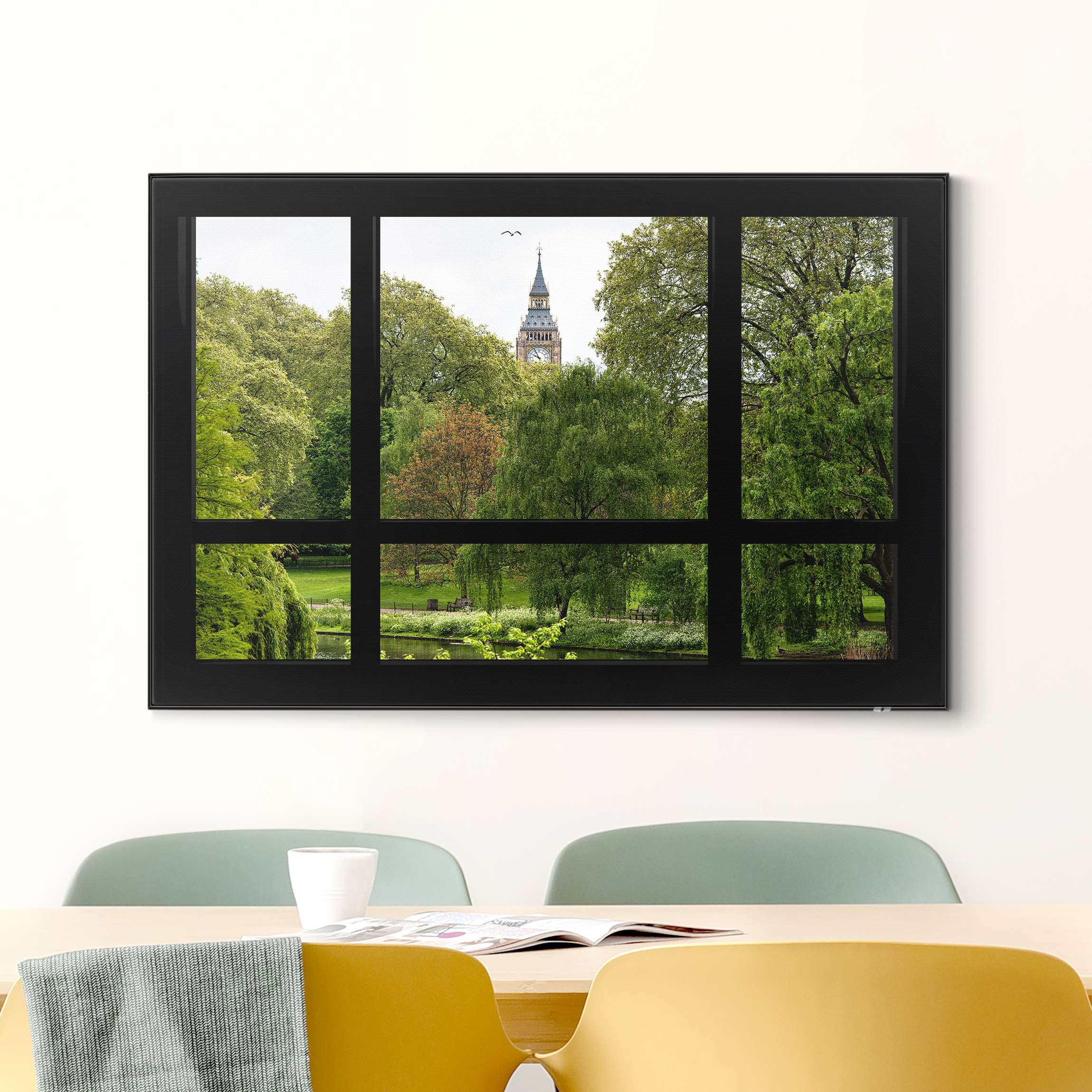 Wechselbild Fensterblick über St. James Park auf Big Ben