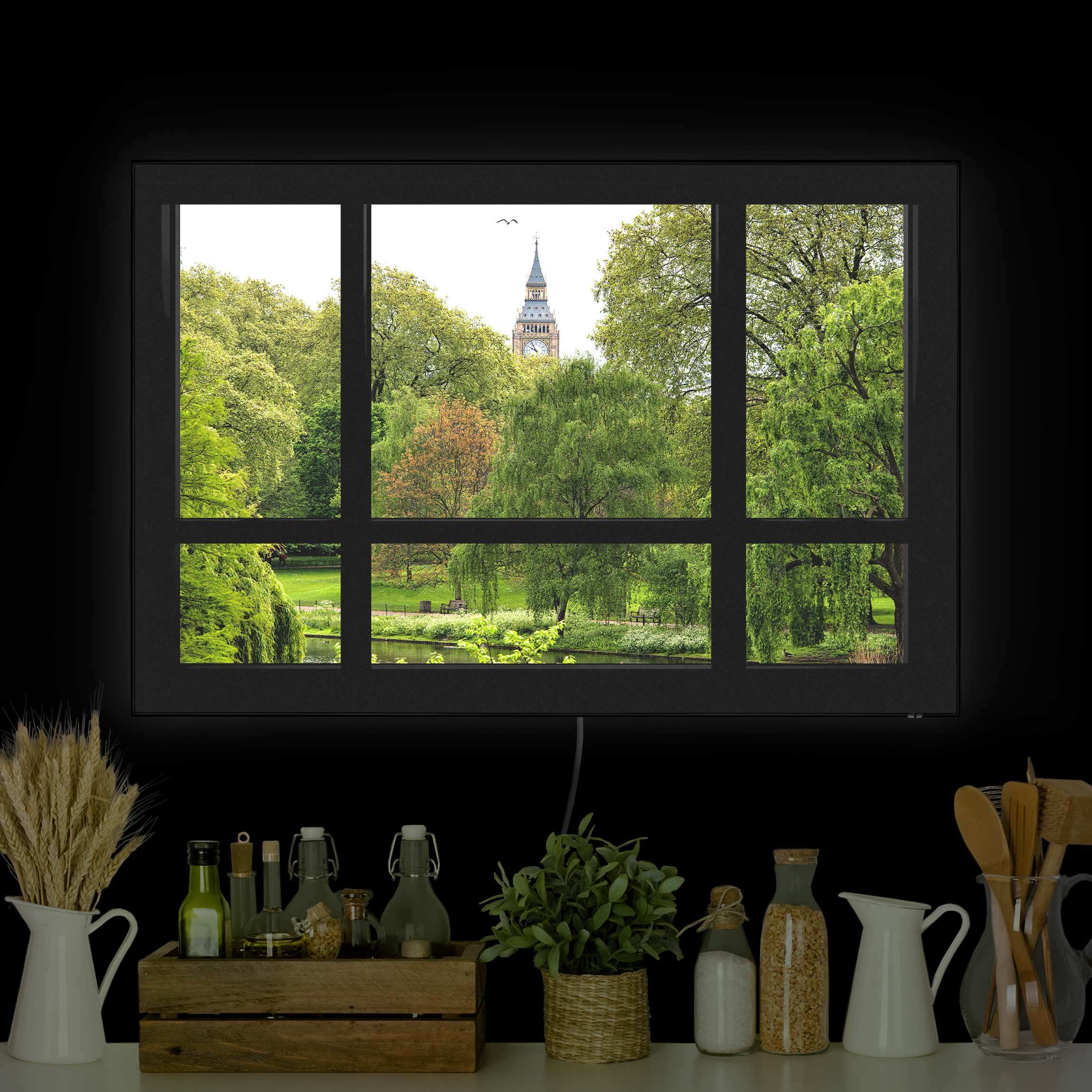 LED-Wechselbild Fensterblick über St. James Park auf Big Ben