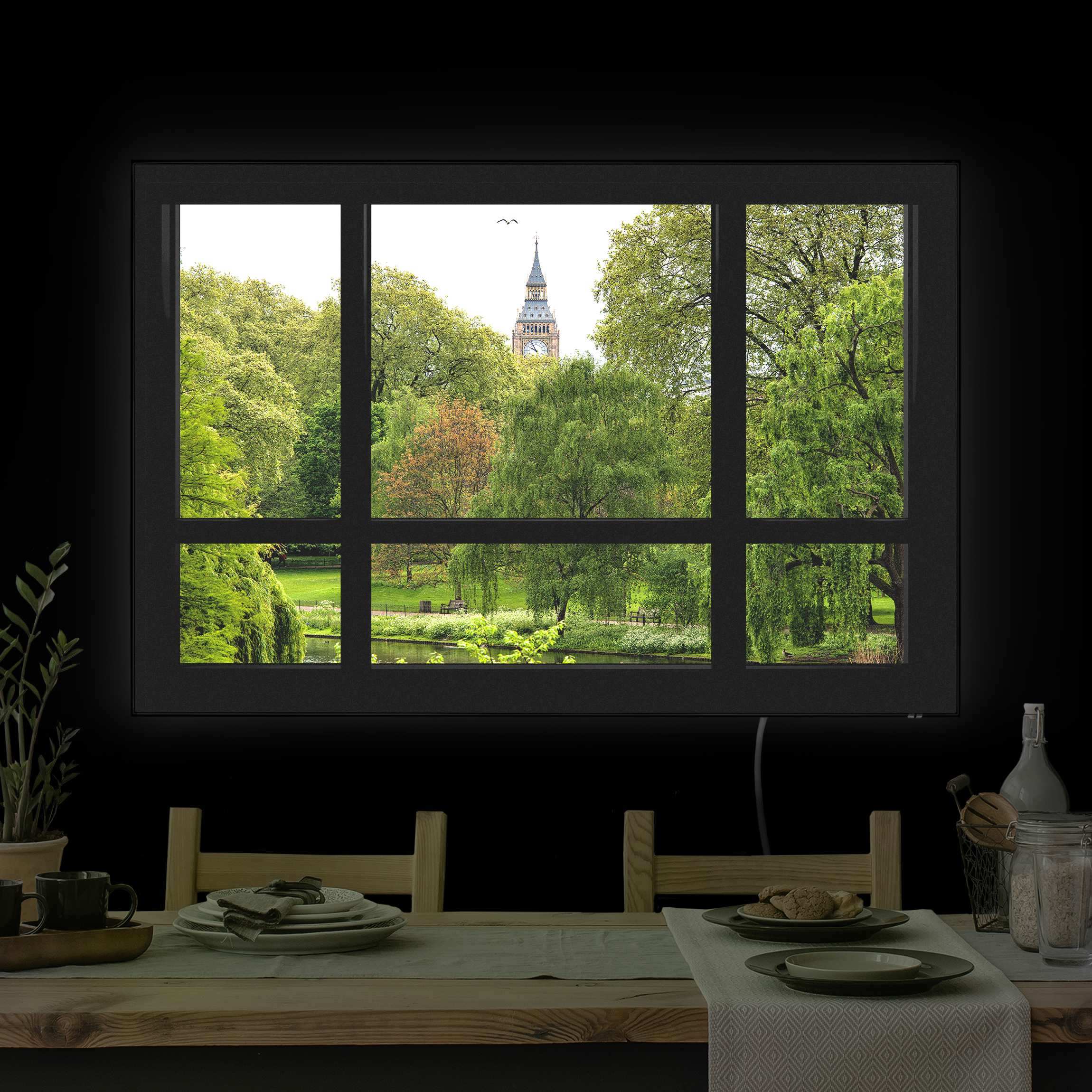 LED-Wechselbild Fensterblick über St. James Park auf Big Ben