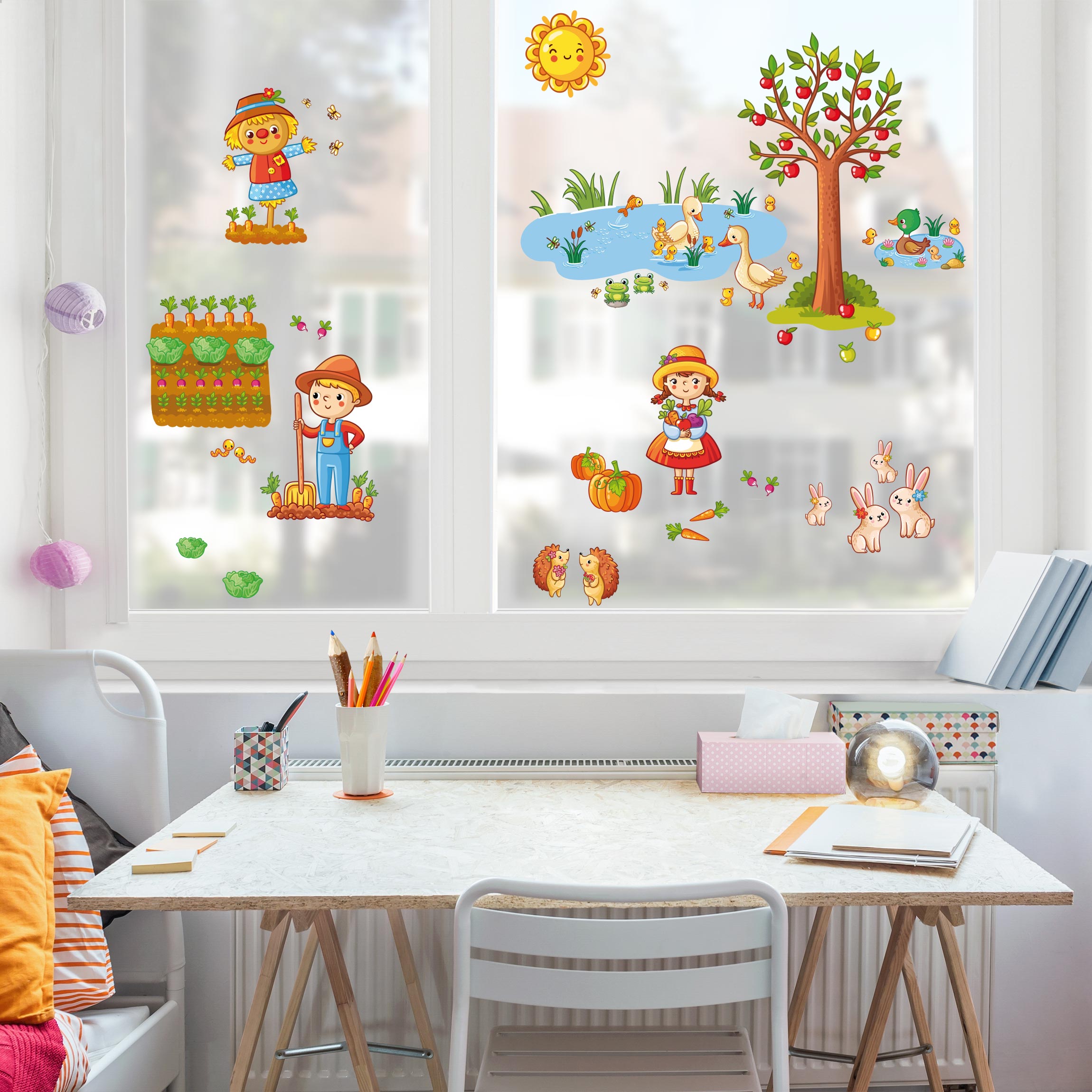 Fensteraufkleber Bauernhof-Set mit Garten