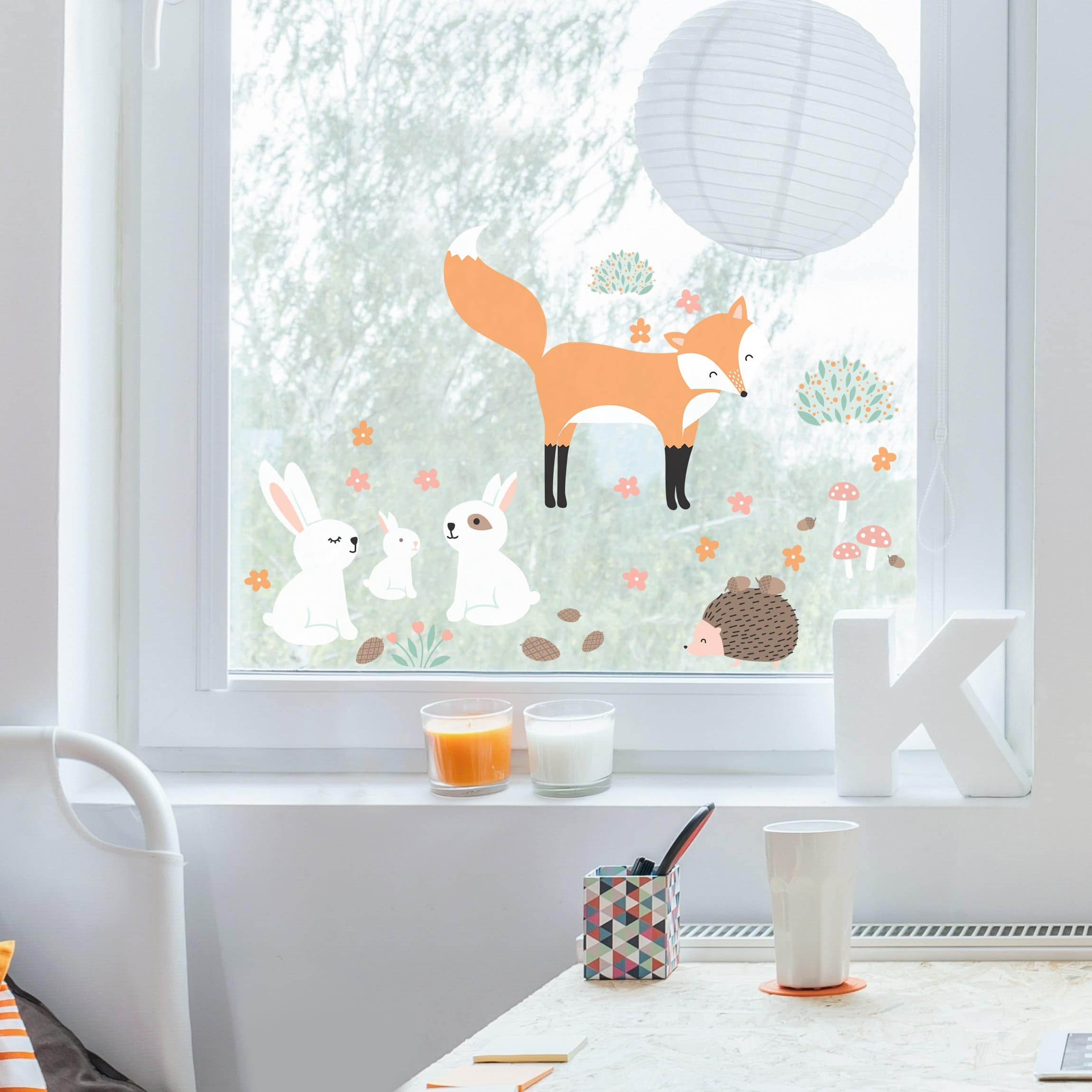 Fensteraufkleber Forest Friends mit Hasen Igel und Fuchs