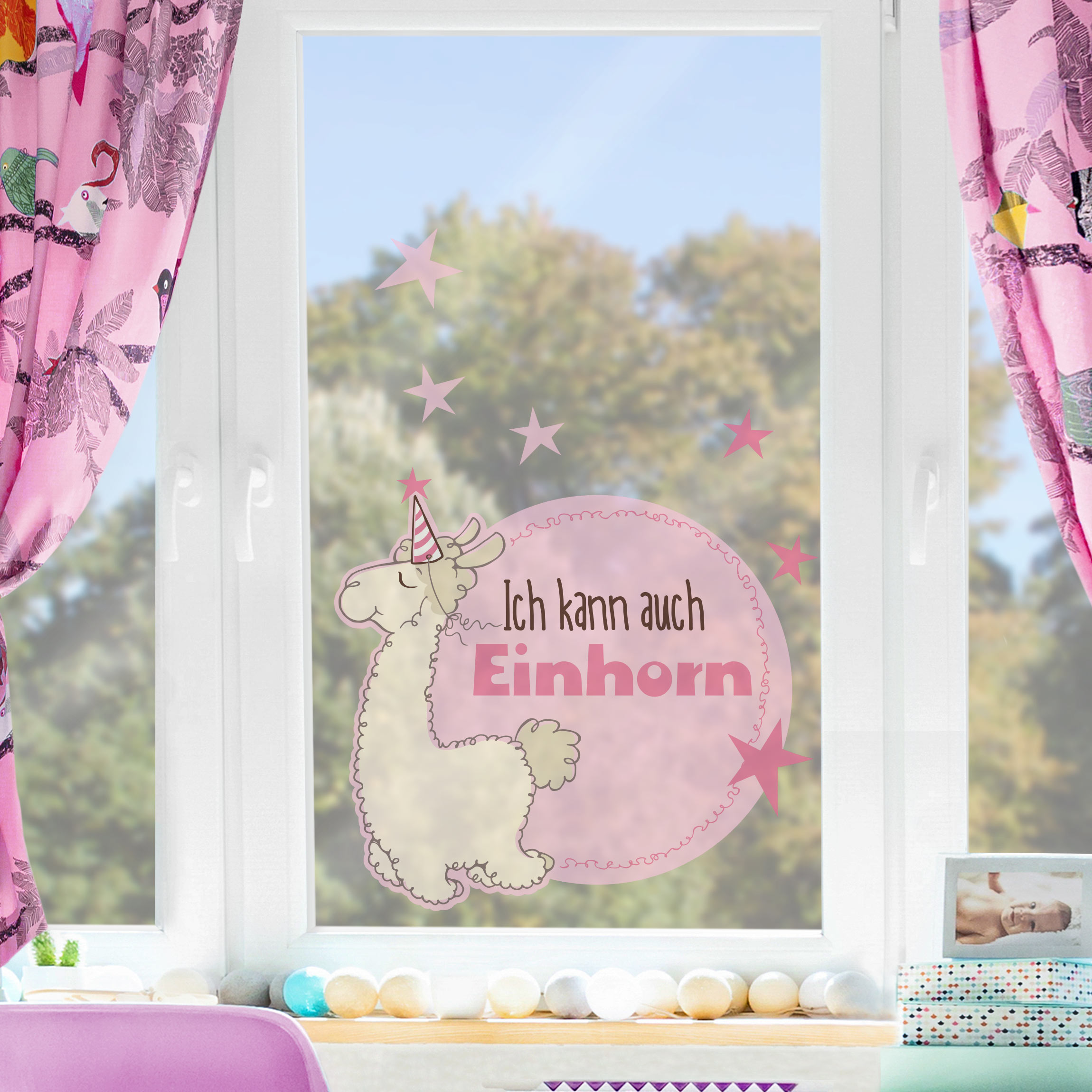 Fensteraufkleber NICI Lama als Einhorn