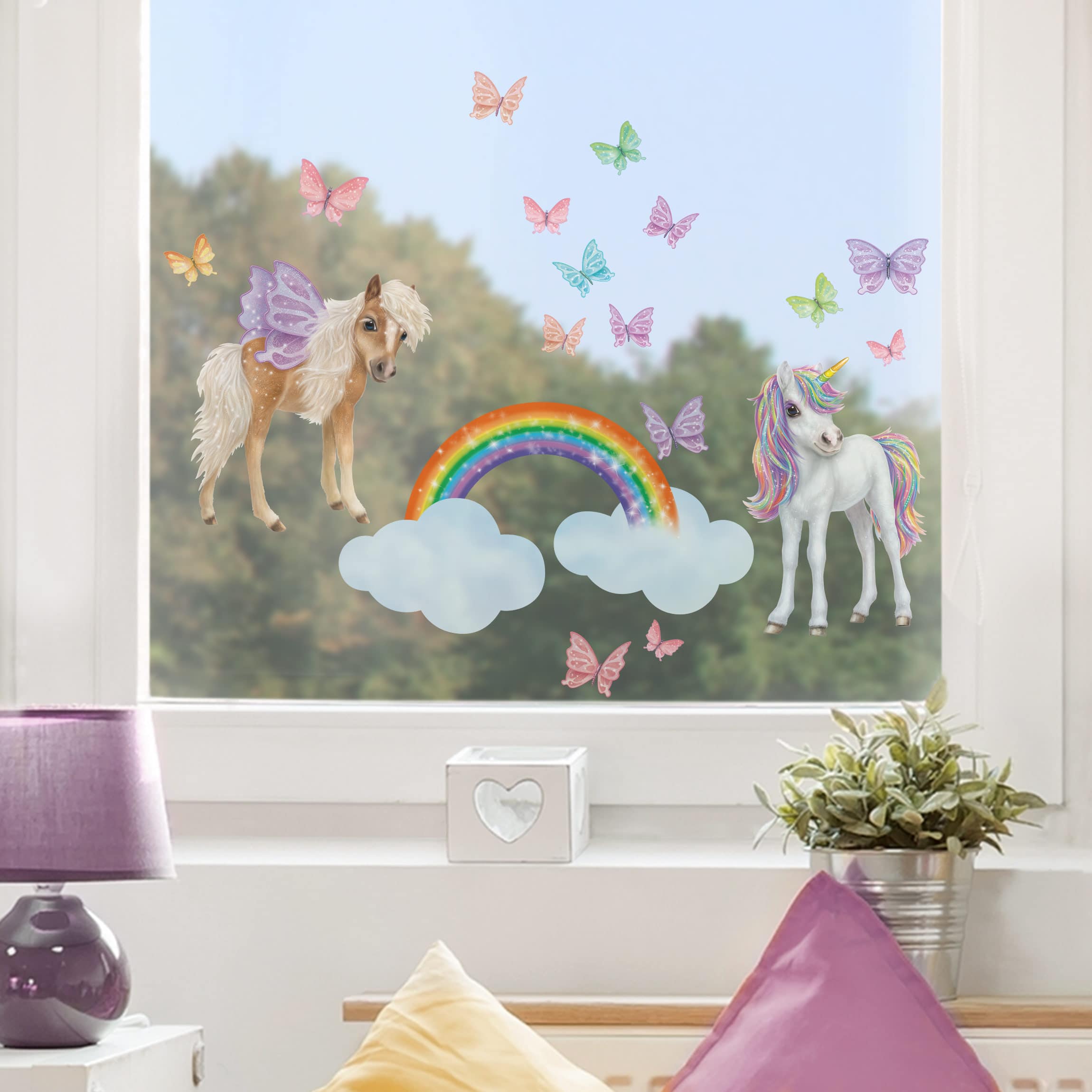 Fensteraufkleber Set Einhorn und Schmetterlinge