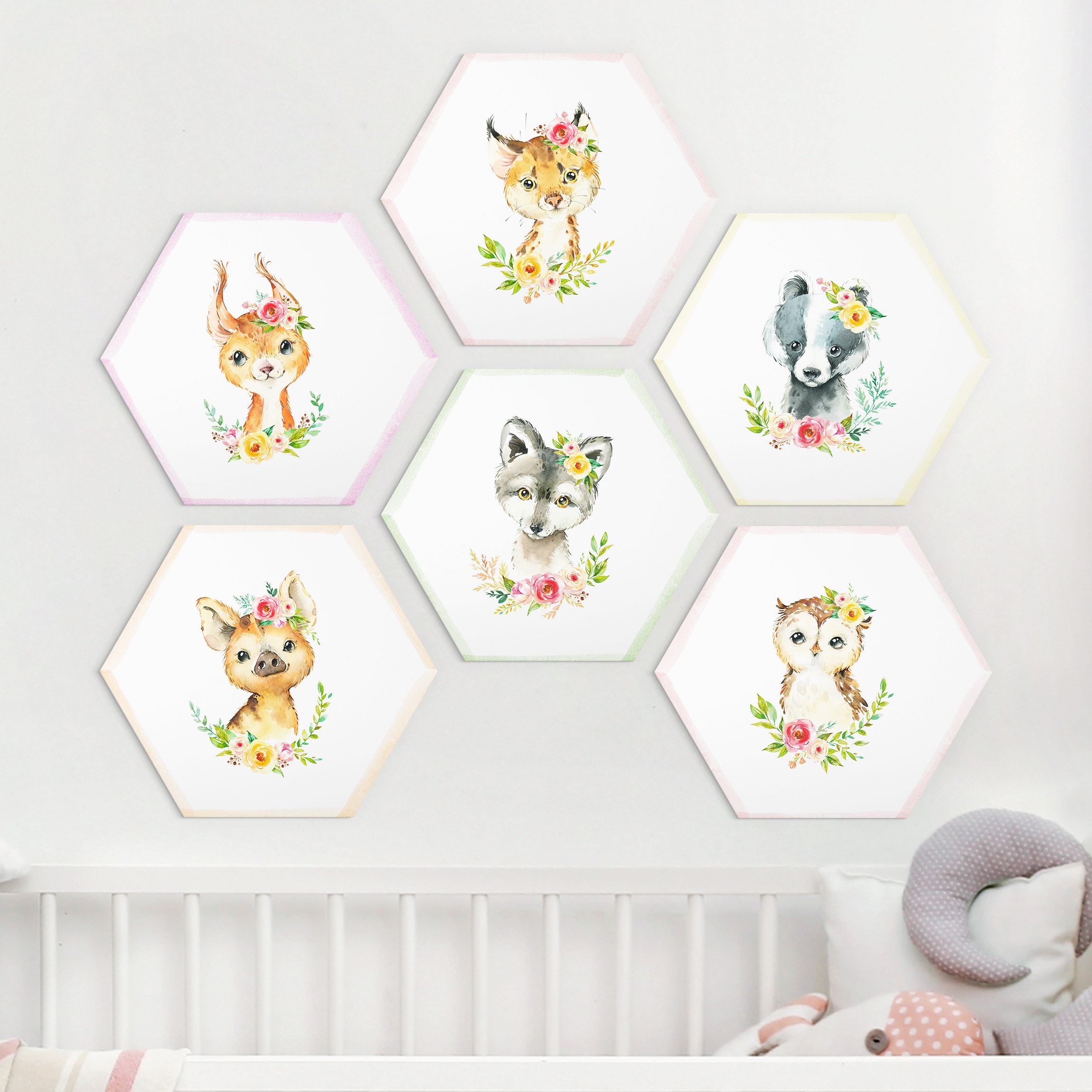 6-teiliges Hexagon-Forexbild Aquarell Waldtiere mit Blumen Set V