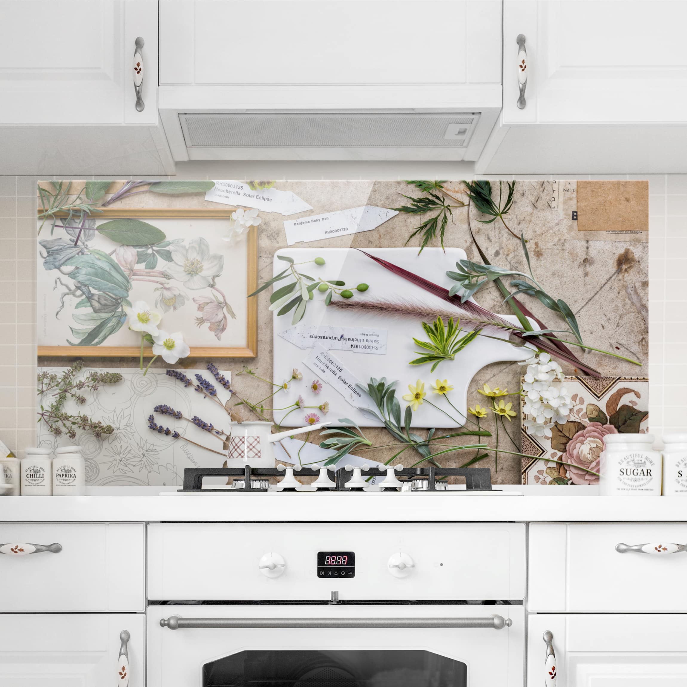 Glas Spritzschutz - Querformat 2:1 Blumen und Gartenkräuter Vintage