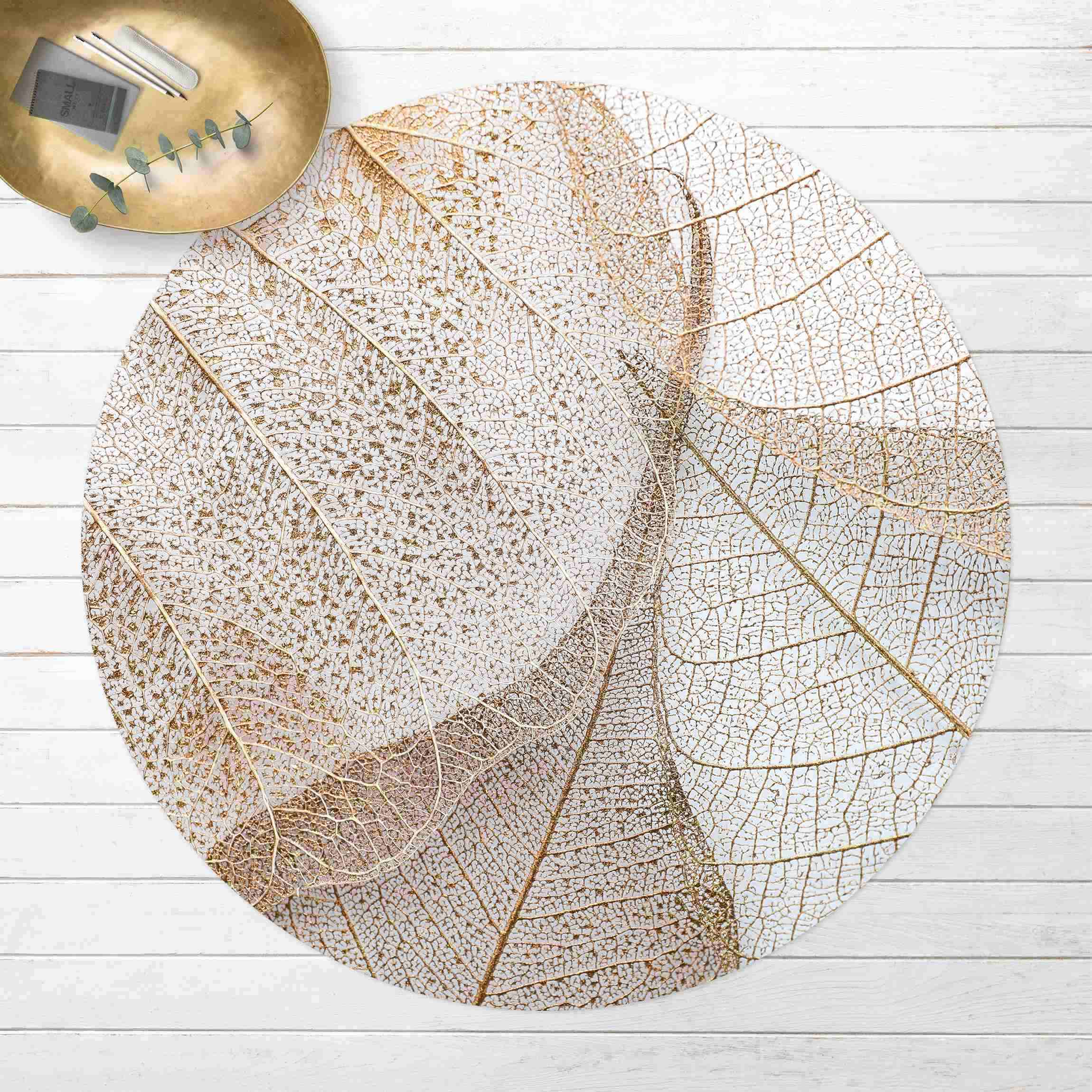 Runder Vinyl-Teppich Filigrane Blattstruktur in Gold